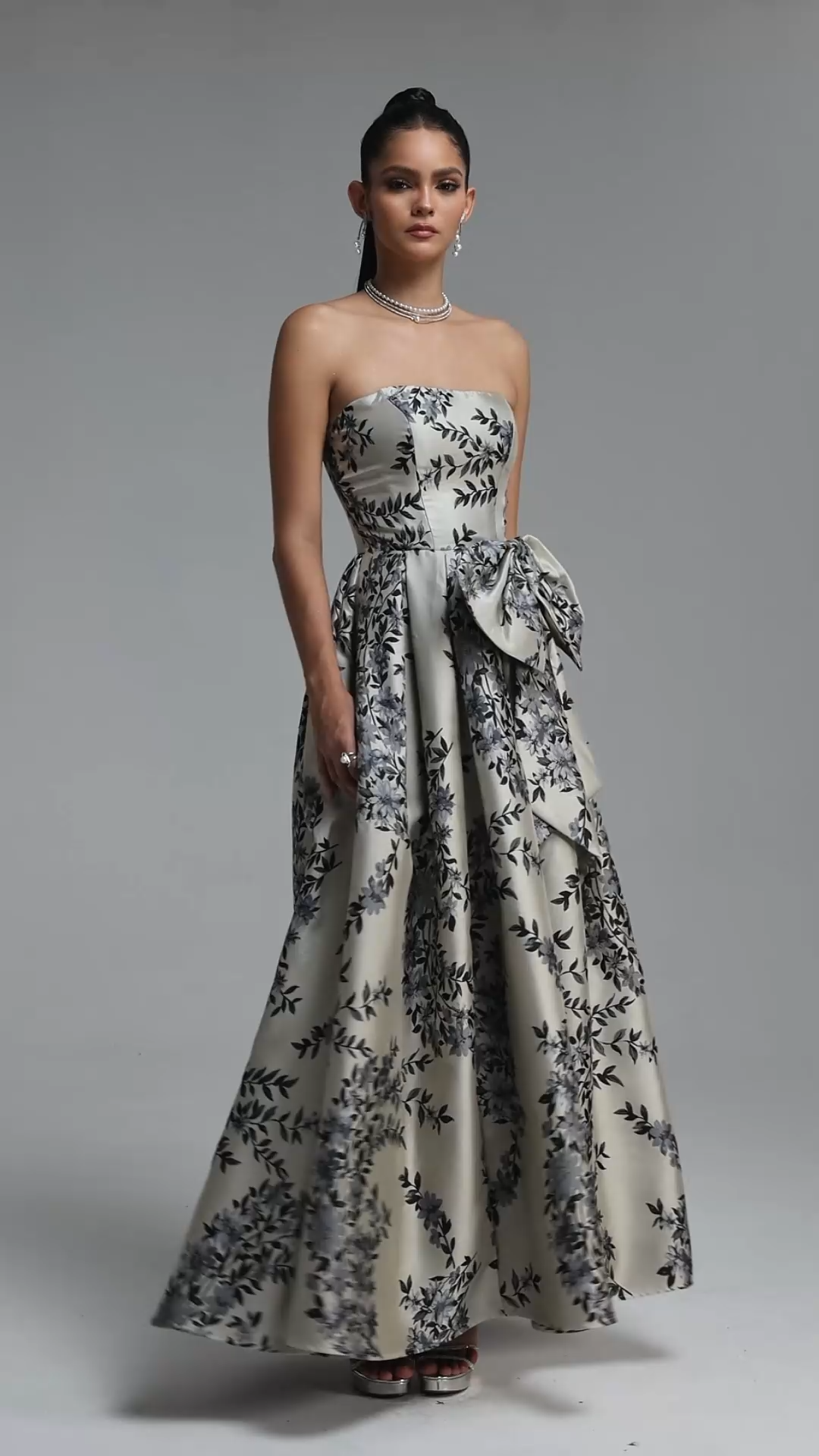 Sabina Classic Strapless Bow Floral Print Satin Maxi Dress
