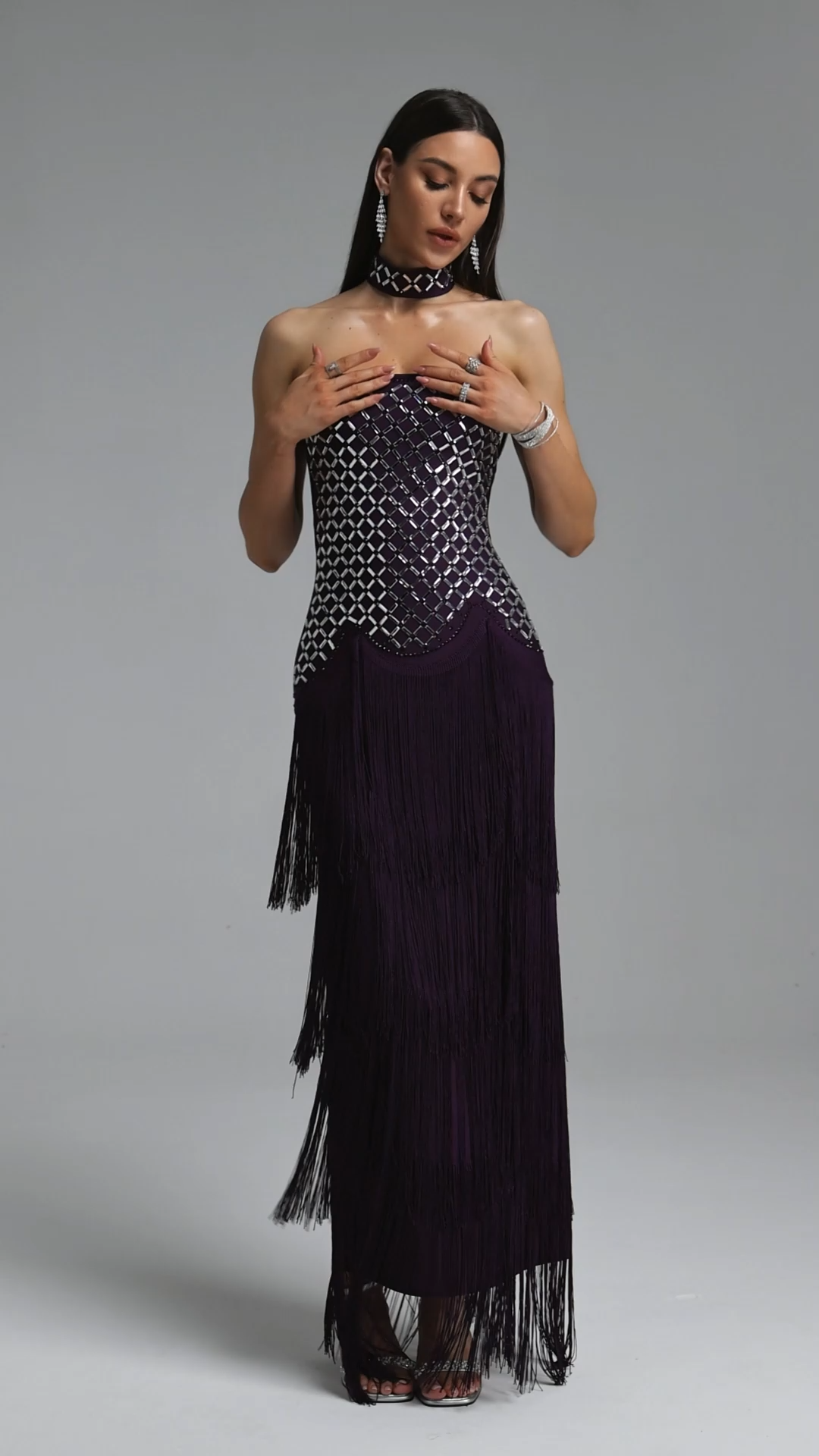 Haliy Glamorous Contour Rhinestone Fringe Bandage Purple Maxi Dress