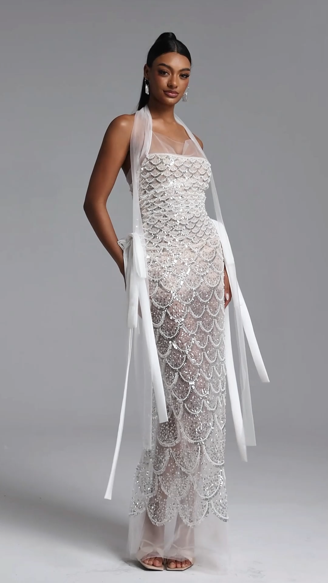 Violet Elegant Contour Pearl Sequin Fish Scale Sheer Maxi Dress