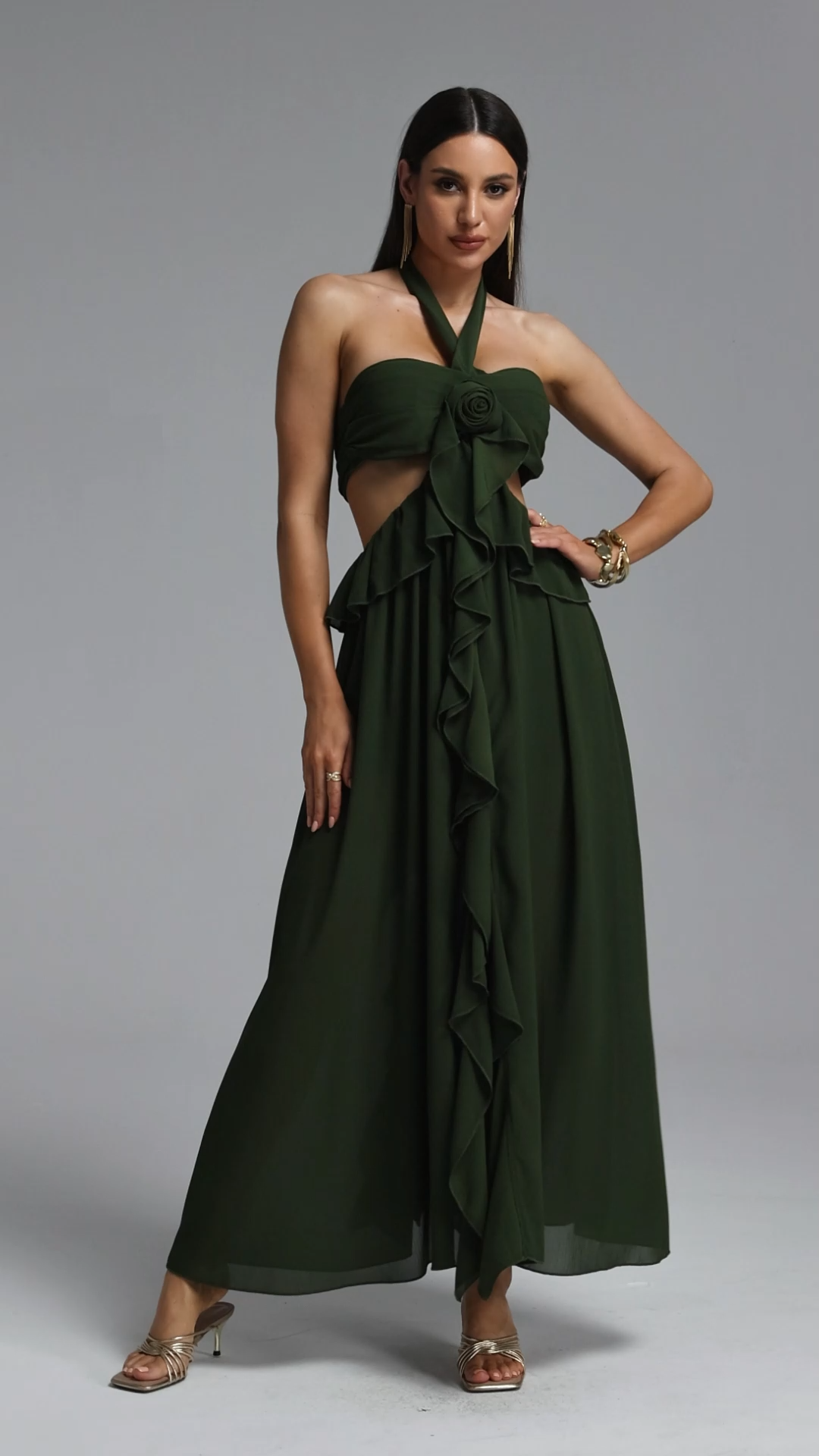 Tryphosa Elegant Flowy Halter Pleated Floral Maxi Dress