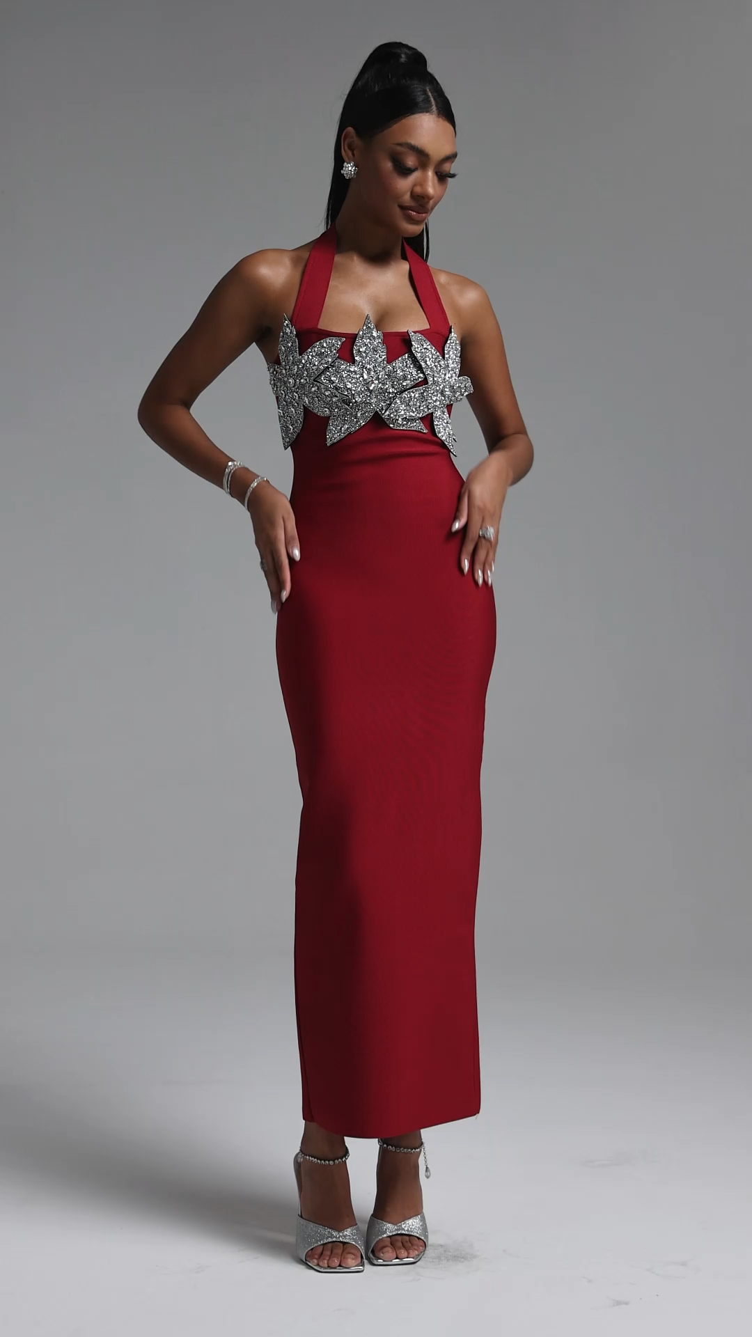 Lennon Stylish Fitted Halter Floral Rhinestone Maxi Bandage Dress