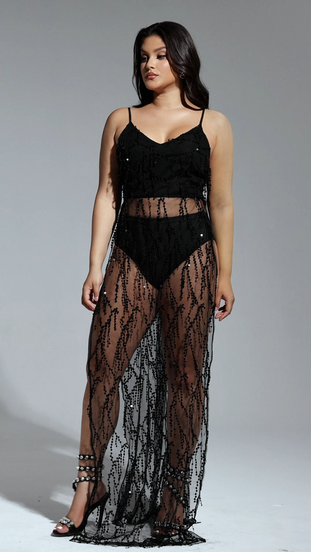 Panra Sleeveless Tassels Sequin Slit Maxi Dress