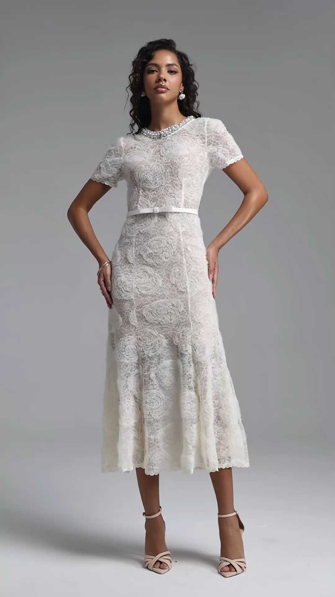 Shaylah Classic Tailored Short Sleeve Floral Pearl Rhinestone Woven Maxi Dress