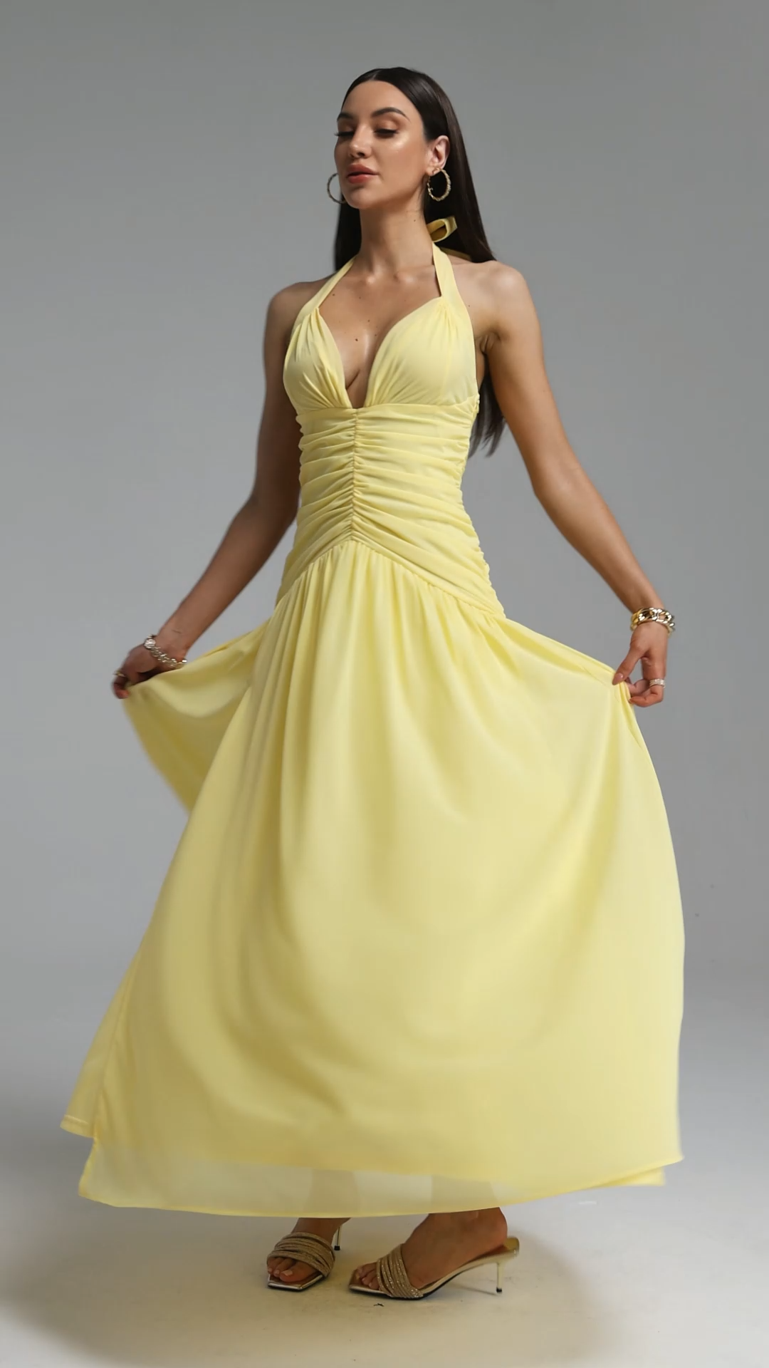 Rode Elegant Halter Deep V Ruched Maxi Dress