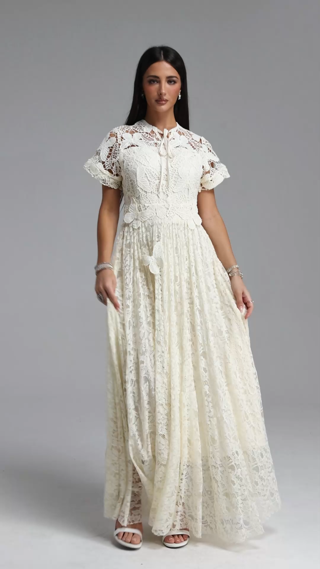 Taffy Elegant Cinched Short Sleeve Butterfly Floral Lace Maxi Dress