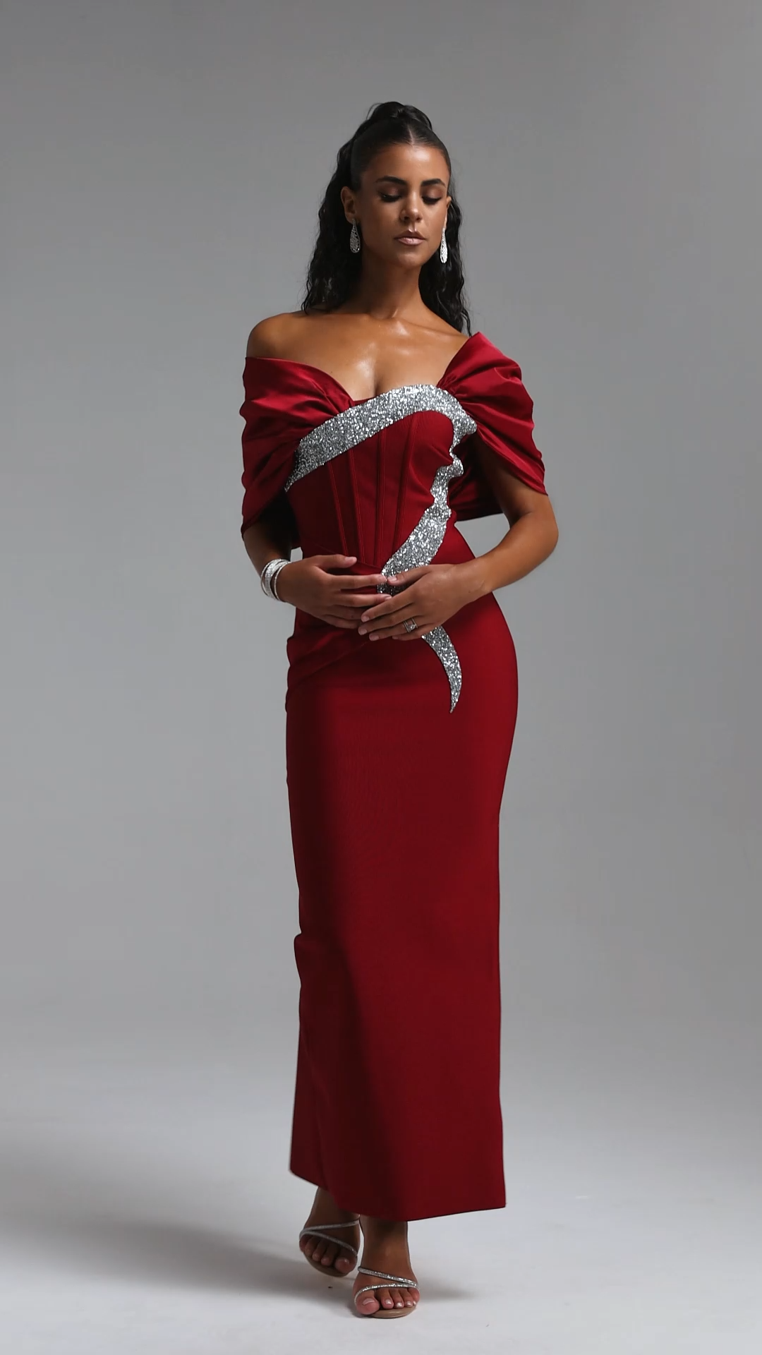 Edda Elegant Contour One Shoulder Ruched Rhinestone Bandage Red Maxi Dress