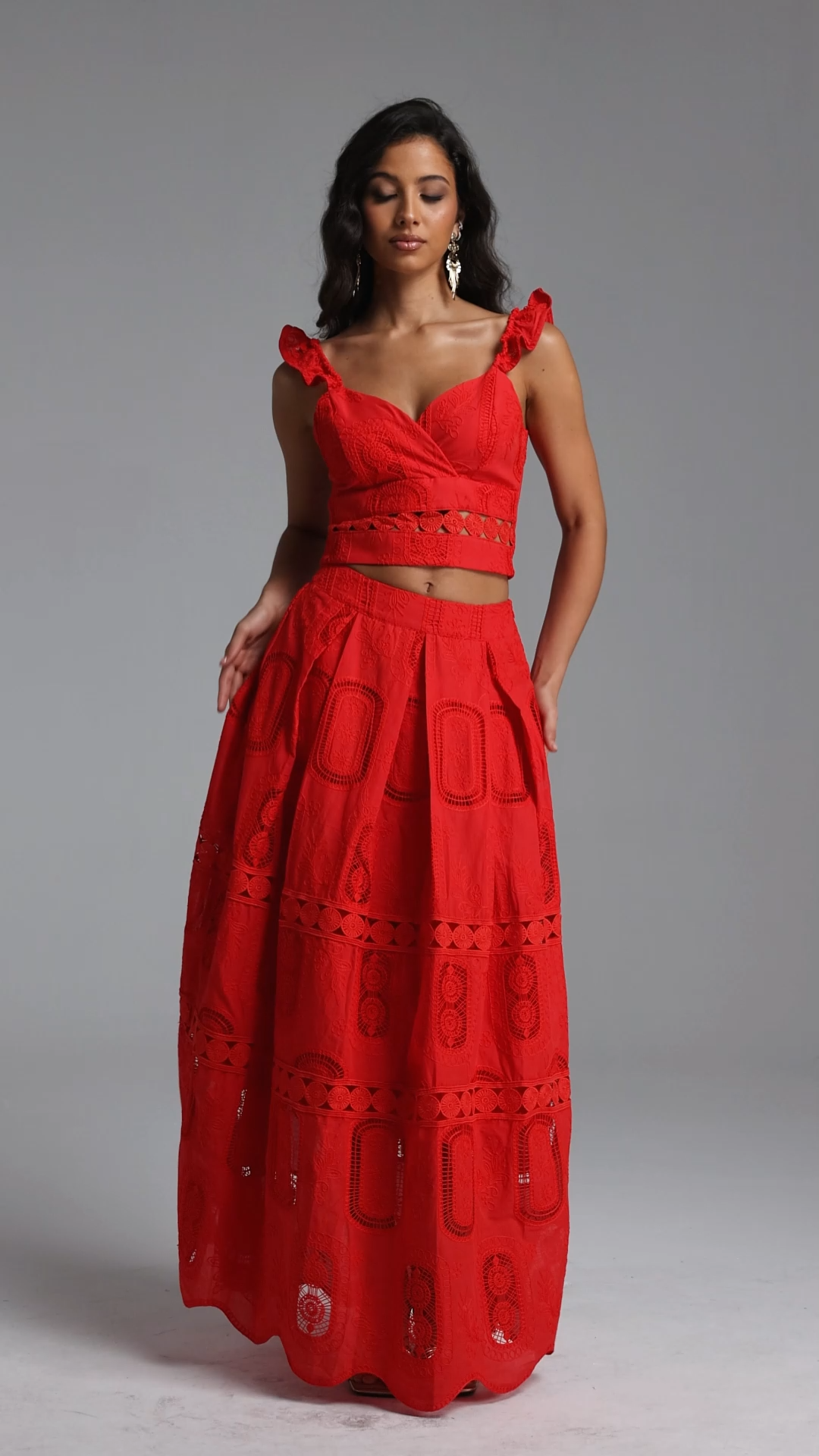 Lali Resort Flowy V Neck Sleeveless Ruffle Woven Top and Skirt Two Piece Set