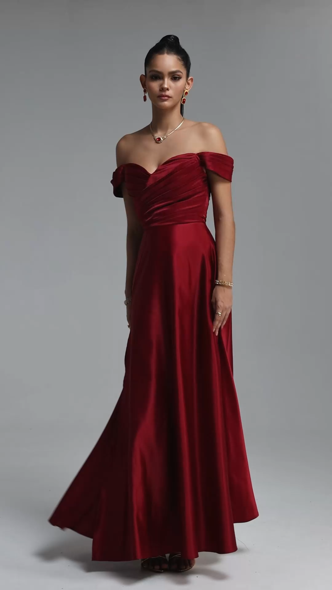 Esther Elegant Off Shoulder Strapless Ruched Slit Satin Maxi Dress