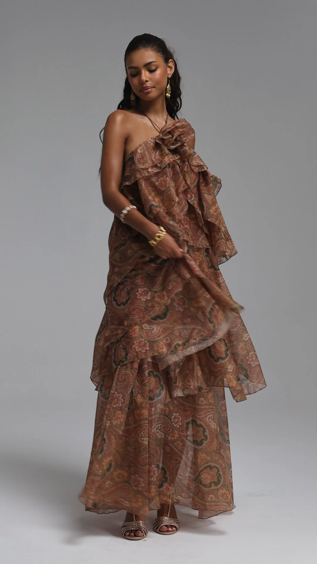 Sapphire Resort Flowy Sleeveless Floral Print Woven Brown Maxi Dress