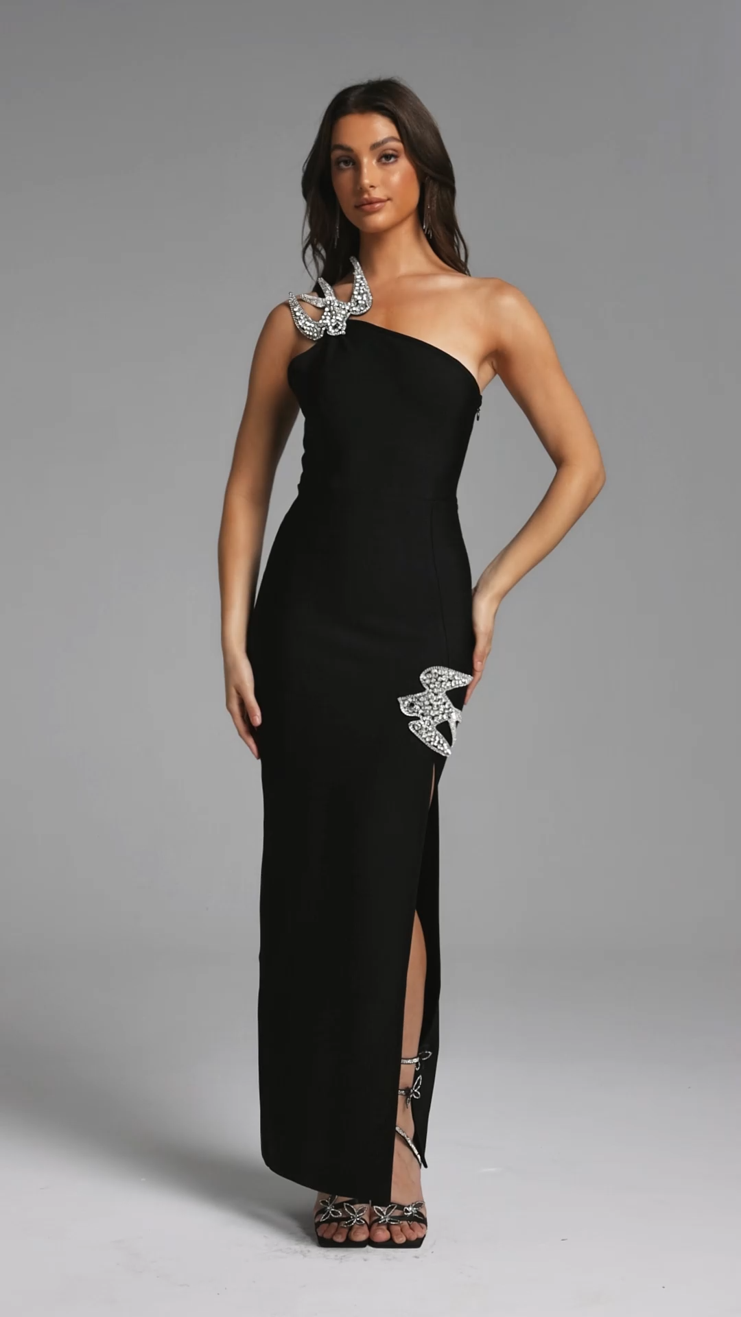 Ferlia Chic Contour One Shoulder Rhinestone Bird Embellished Bandage Maxi Dress