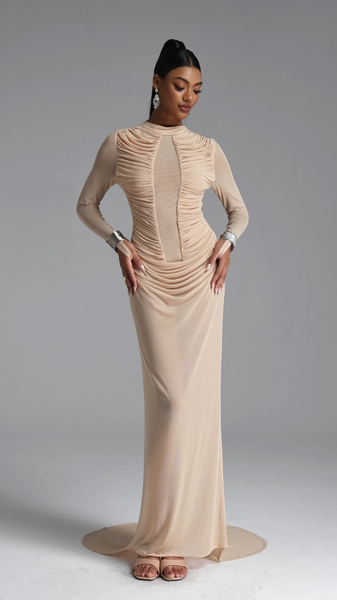 Rania Chic Contour Long Sleeve Ruched Sheer Maxi Dress