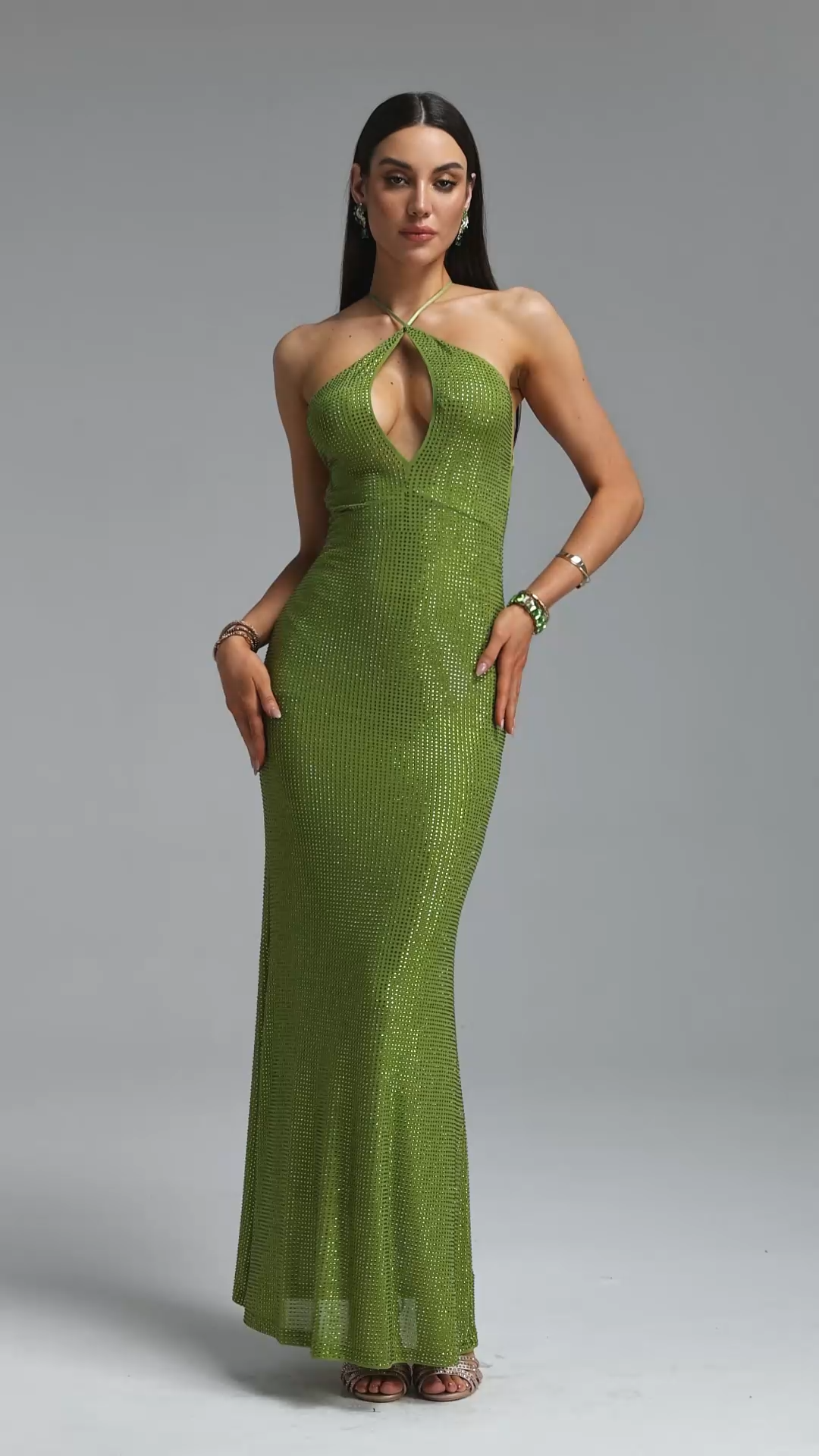 Nailah Edgy Contour Twist Halter Cut Out Full Sequin Fluorescent Maxi Dress