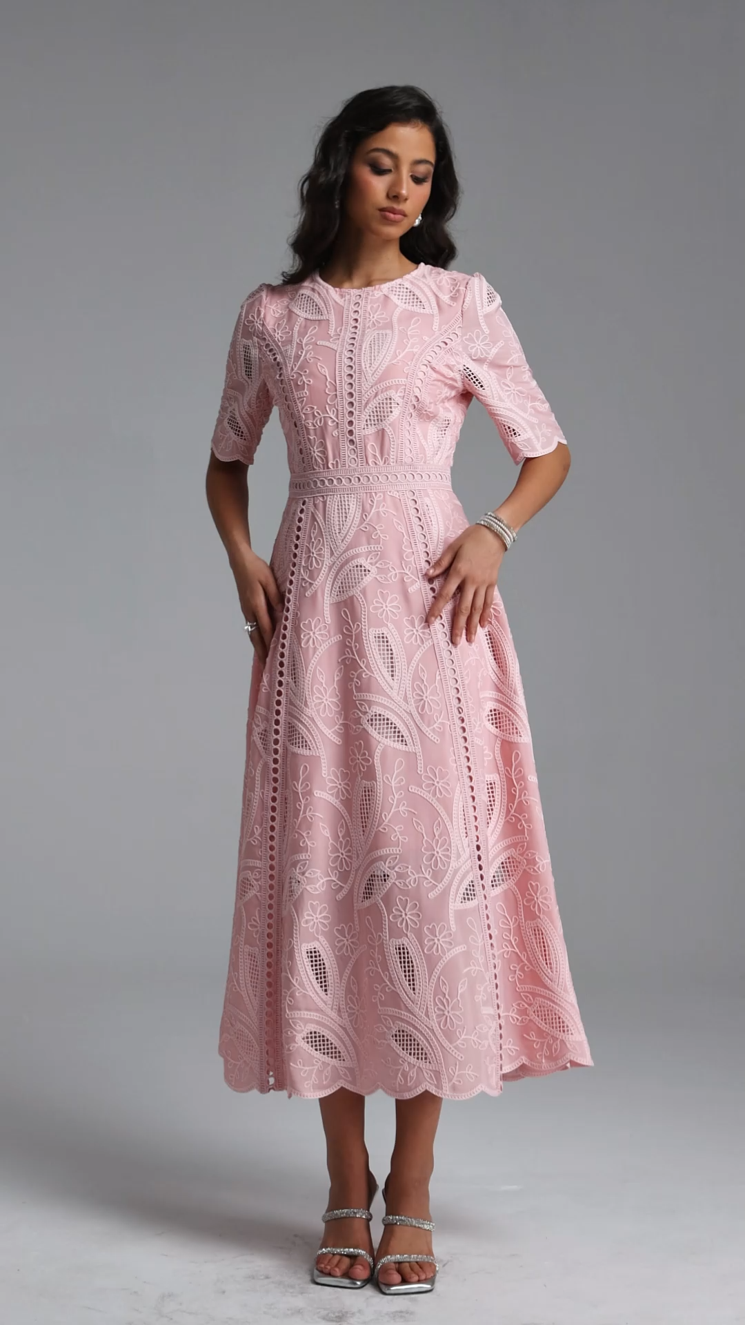 Krystal Resort Cinched Short Sleeve Embroidered Floral Lace Woven Midi Dress