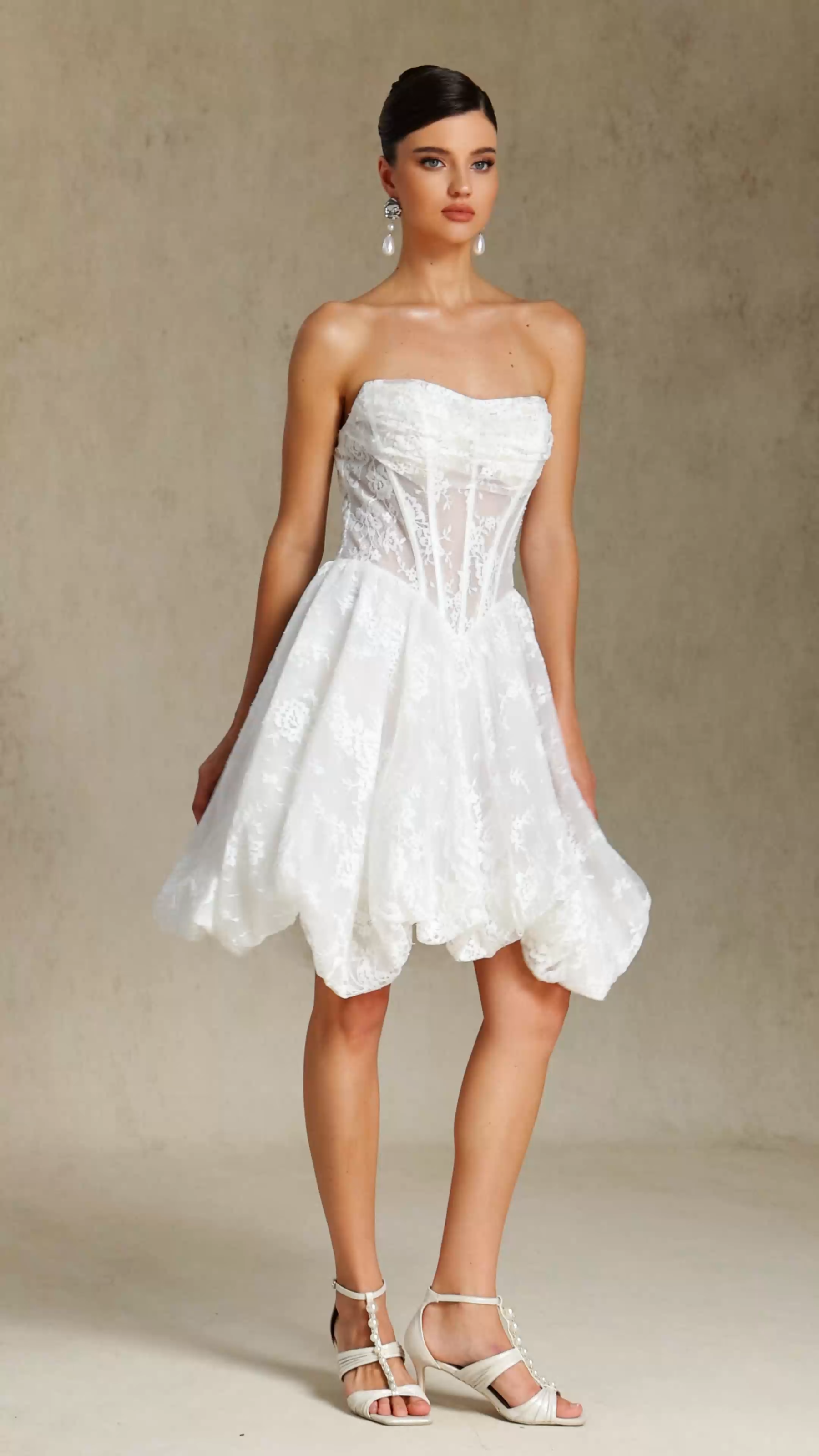 Derya Pleated lace strapless mini dress