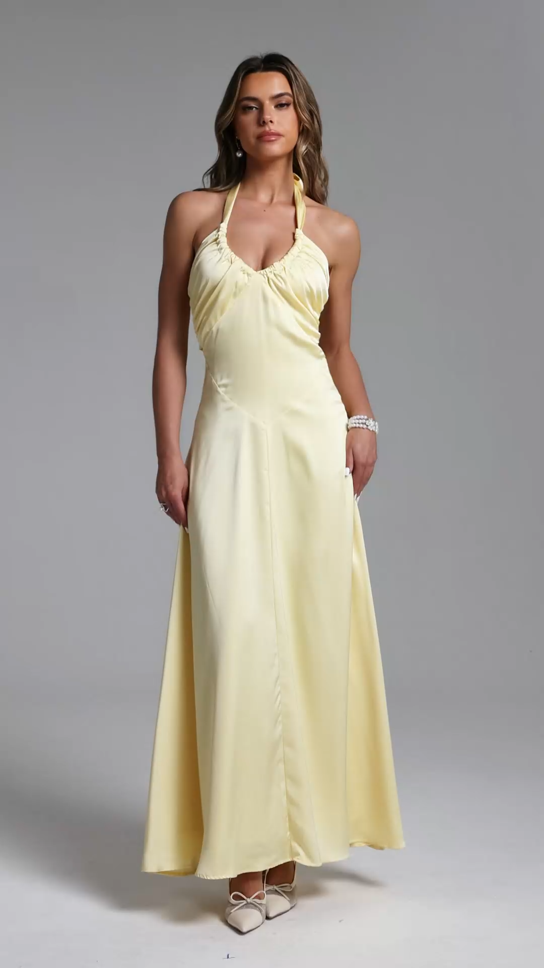 Porsha Elegant Contour Halter Ruched Knit Maxi Dress