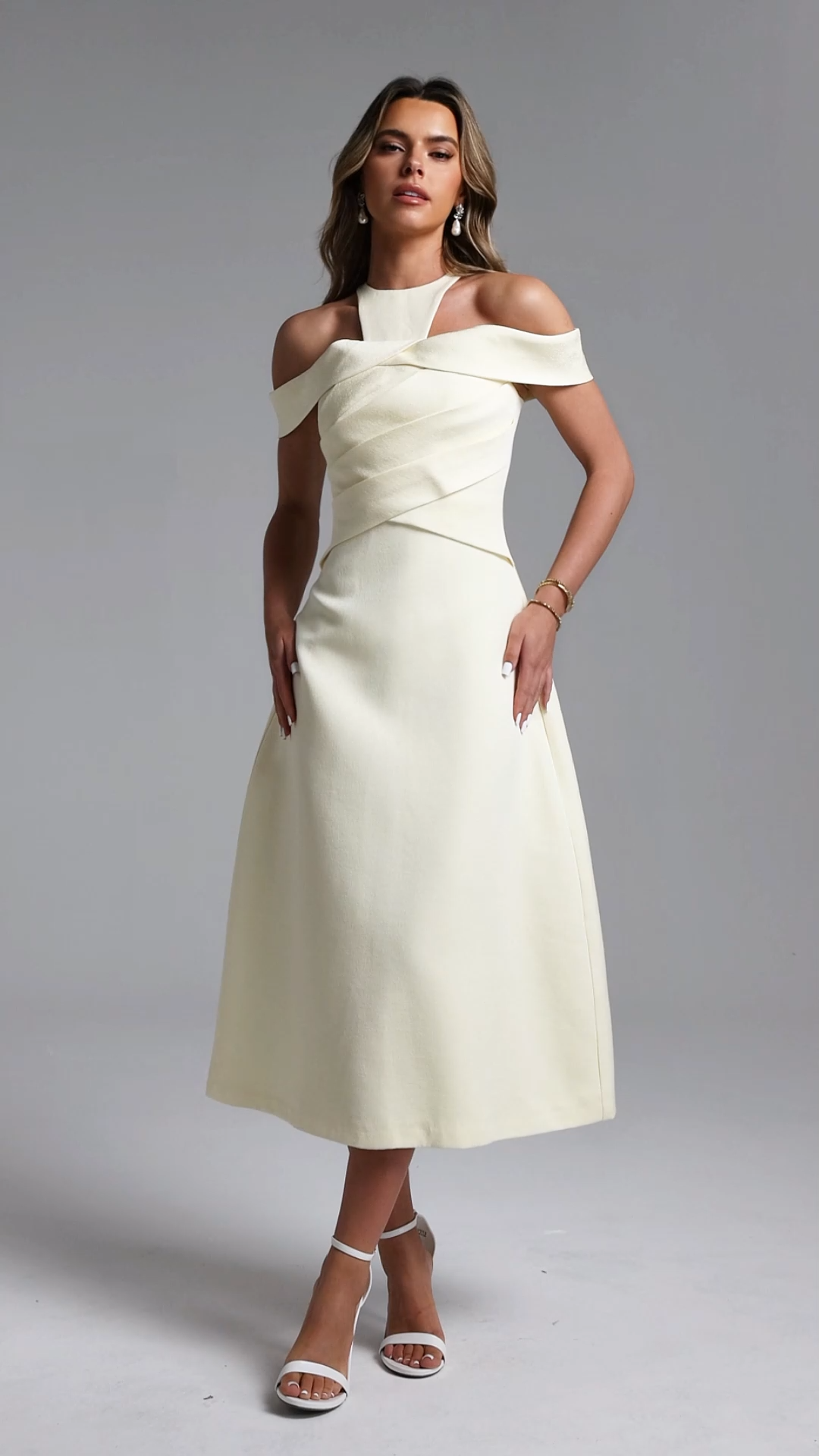 Estella Elegant Tailored Halter Pleated Woven Maxi Dress