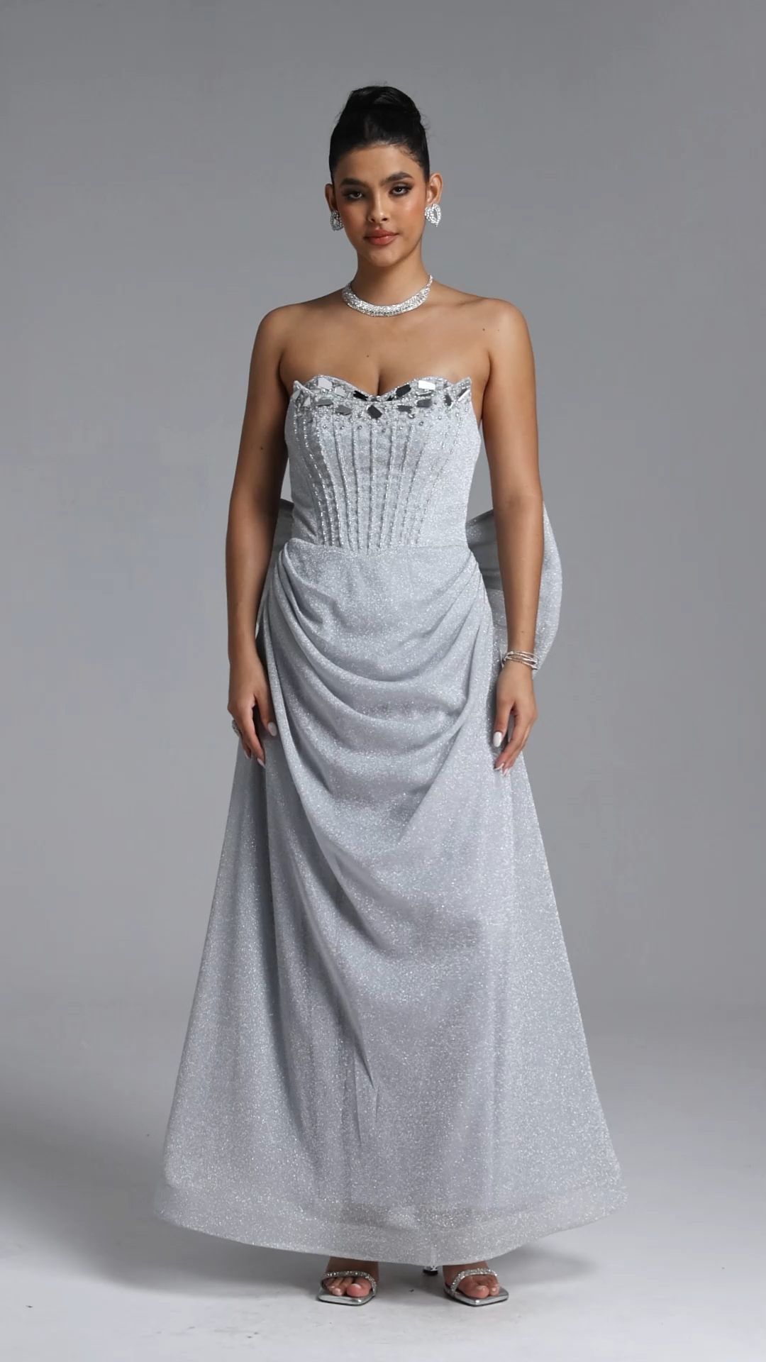 Rey Glamorous Tailored Pleated Mirror Glitter Maxi Dress