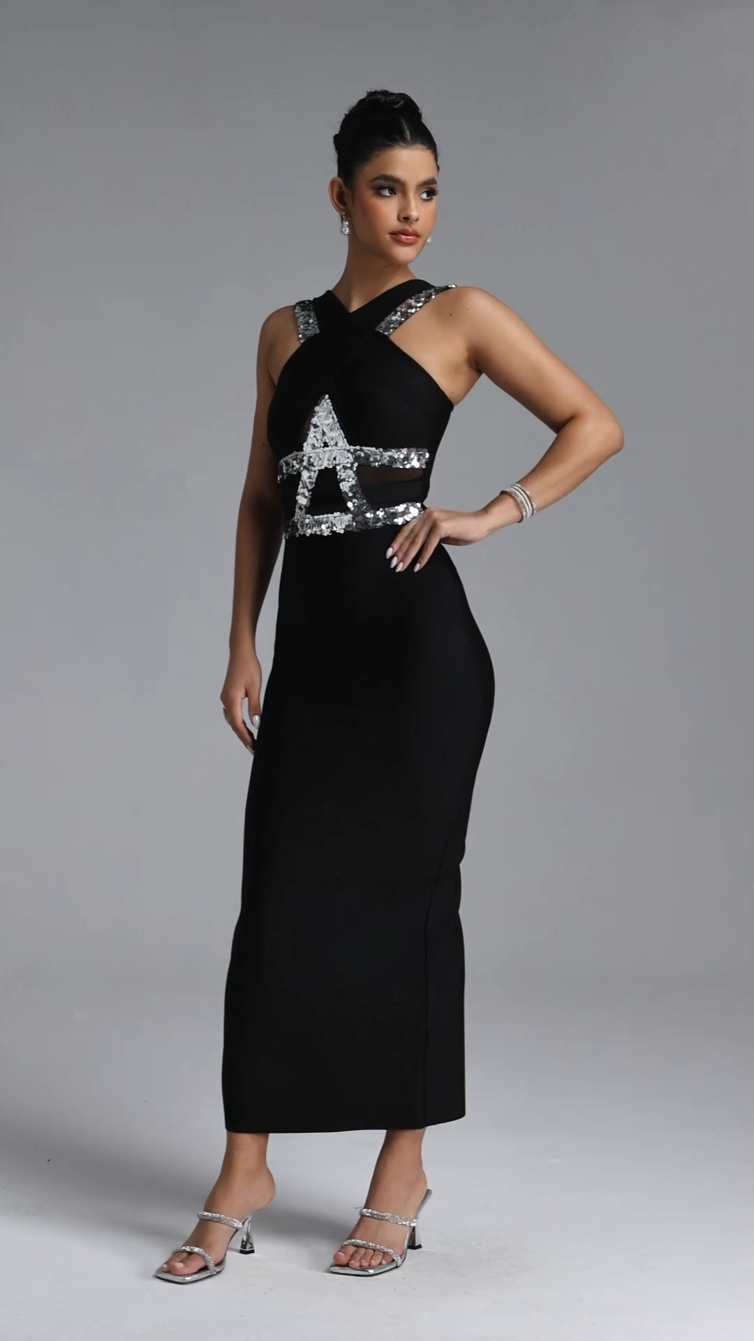 Oyata Chic Contour Halter Sequin Bandage Maxi Dress