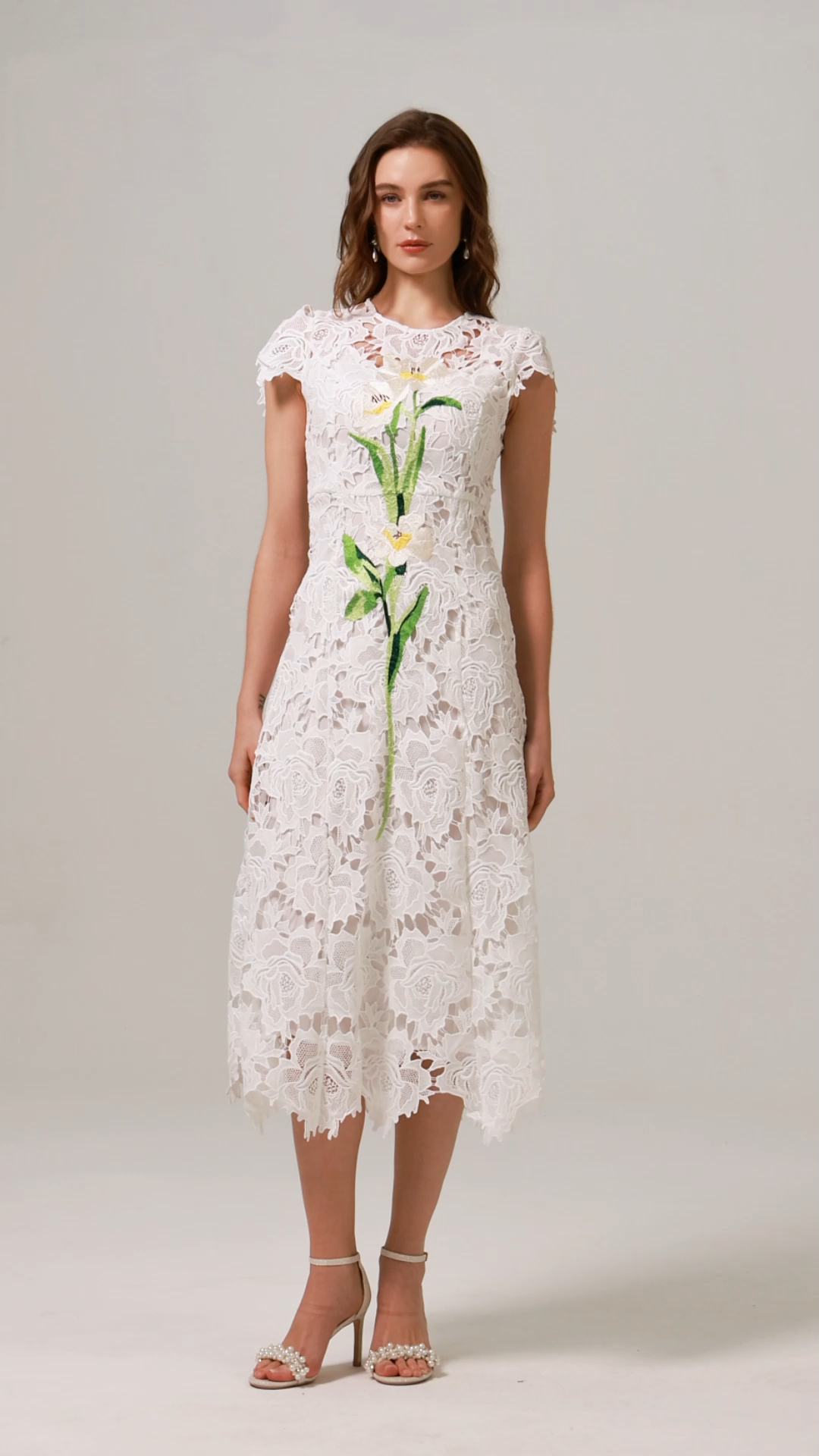 Jenna Short Sleeve Lace Hollow Out Embroidery Flower Midi Dress