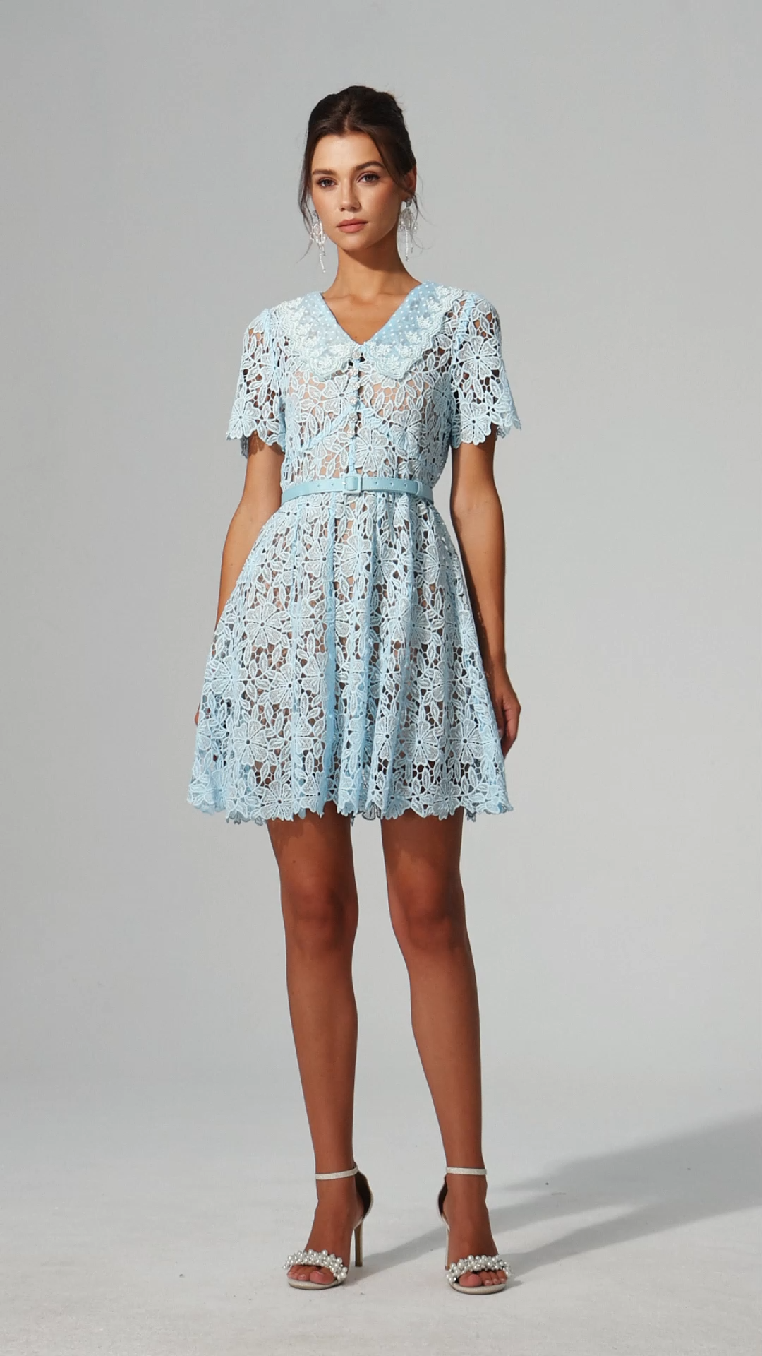 Uerzay Short Sleeves Flowers Lace Mini Dress