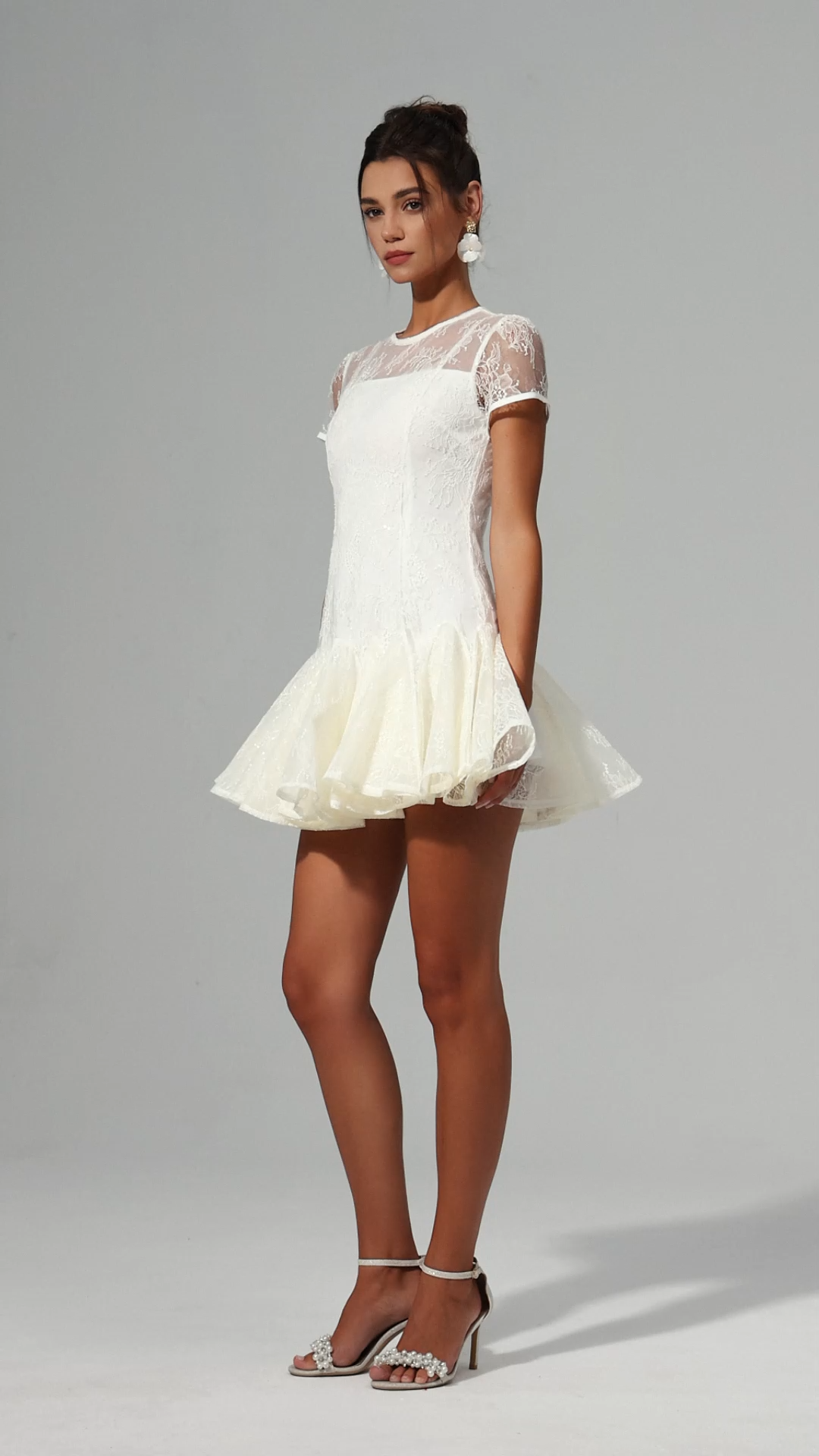Rakel Round Neck Short Sleeves Jacquard Folds Mini Dress