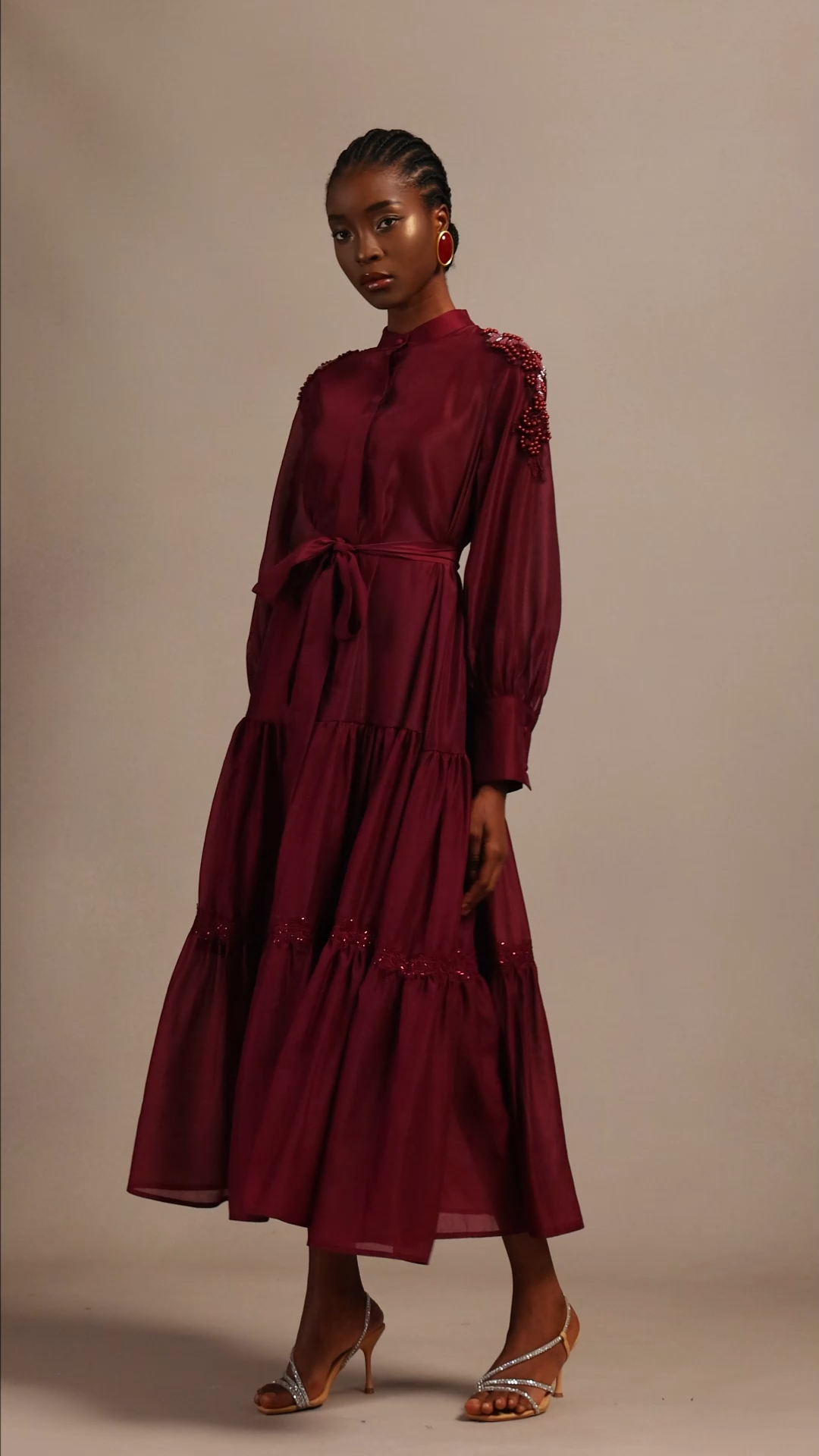 Teela Resort Flowy Long Sleeve Chiffon Red Maxi Dress