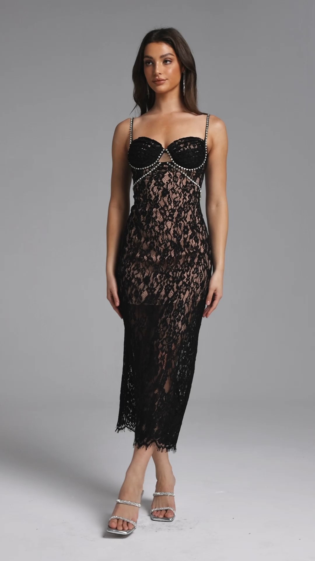Dixi Romantic Contour Cut Out Rhinestone Lace Black Maxi Dress