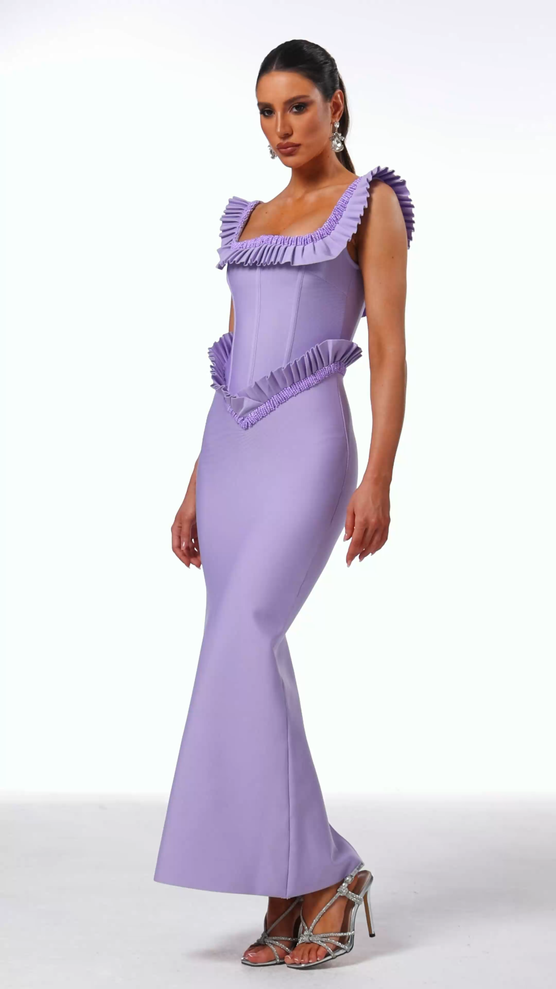 Delia Sleeveless Ruffled Edge Beadwork Bandage Maxi Dress