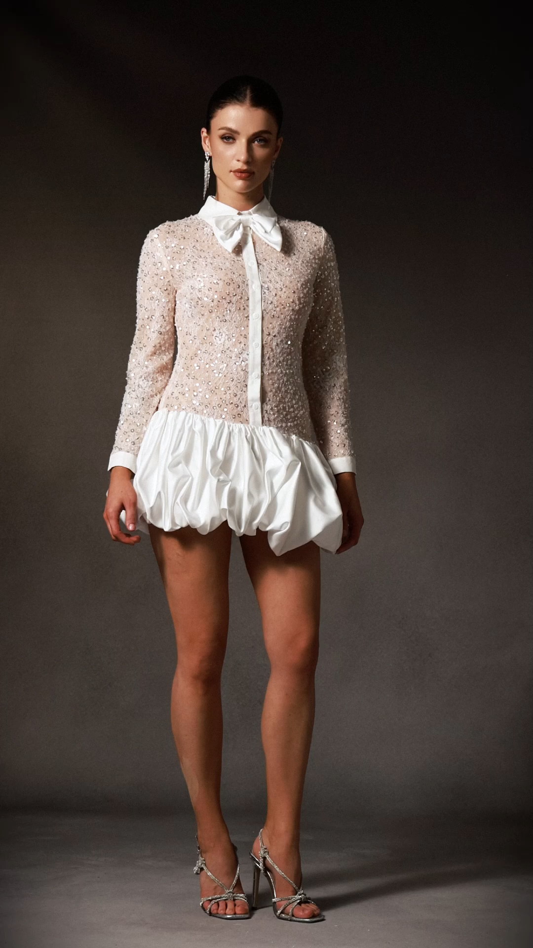 Theodora Long Sleeveless Embroidery Lace Sequin Puff Mini Dress