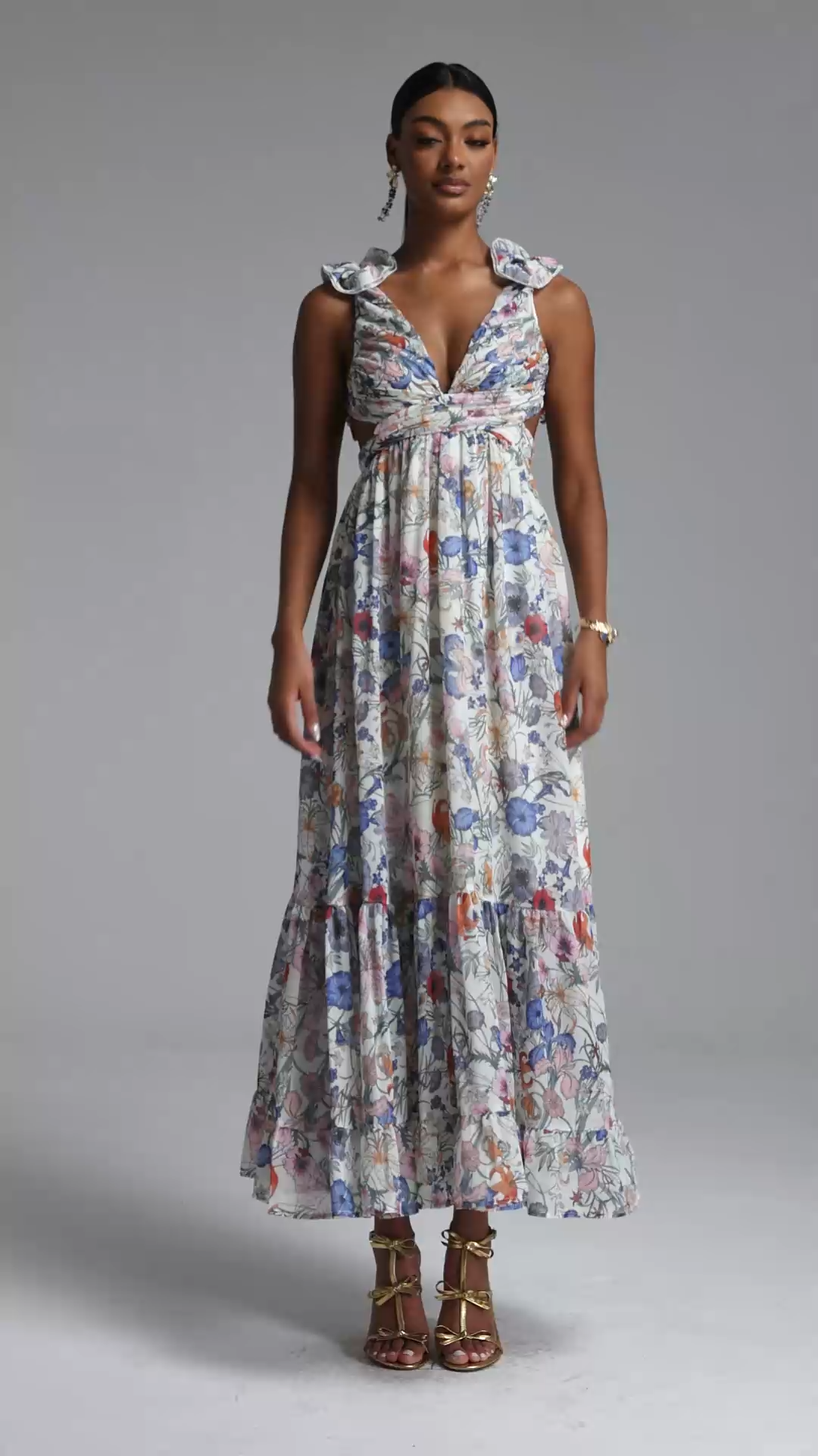 Ritana Romantic Flowy Cut Out Ruched Floral Print Maxi Dress