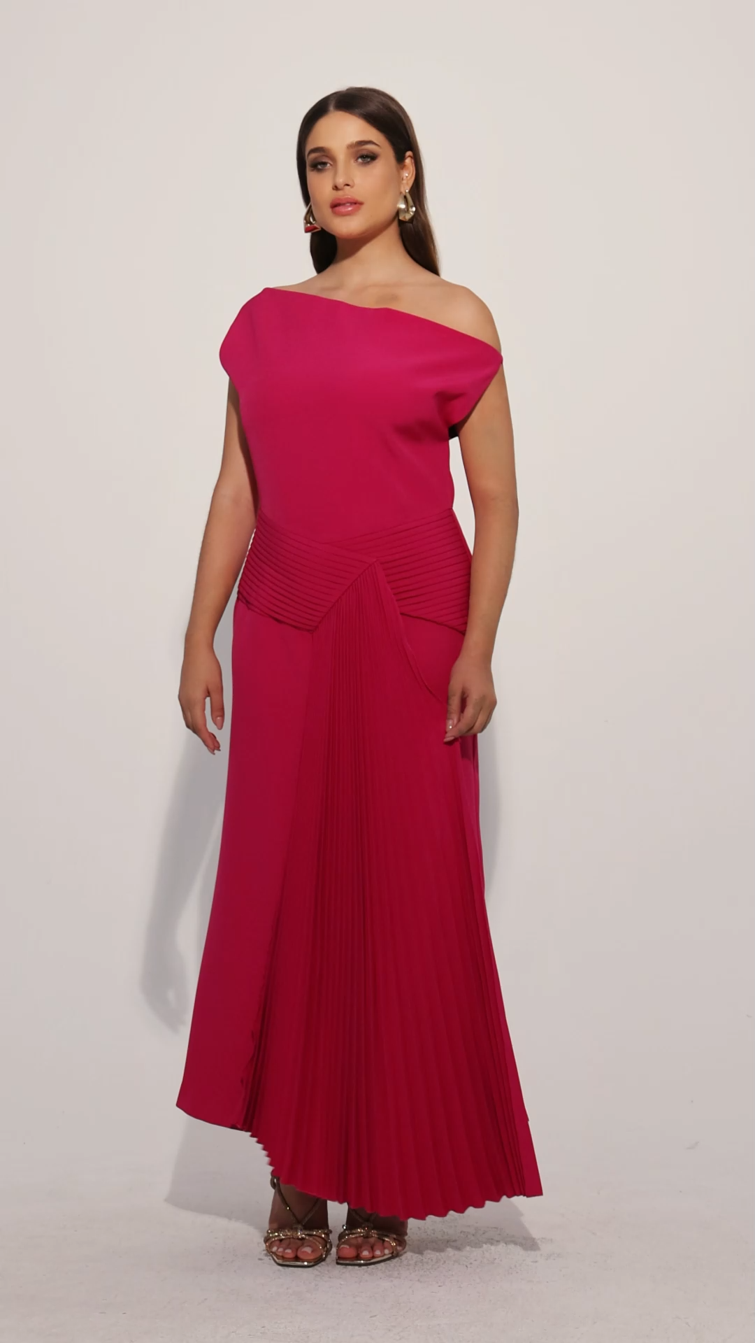 Paulina Oblique Shoulder Sleeveless Folds RosePink Midi Dress