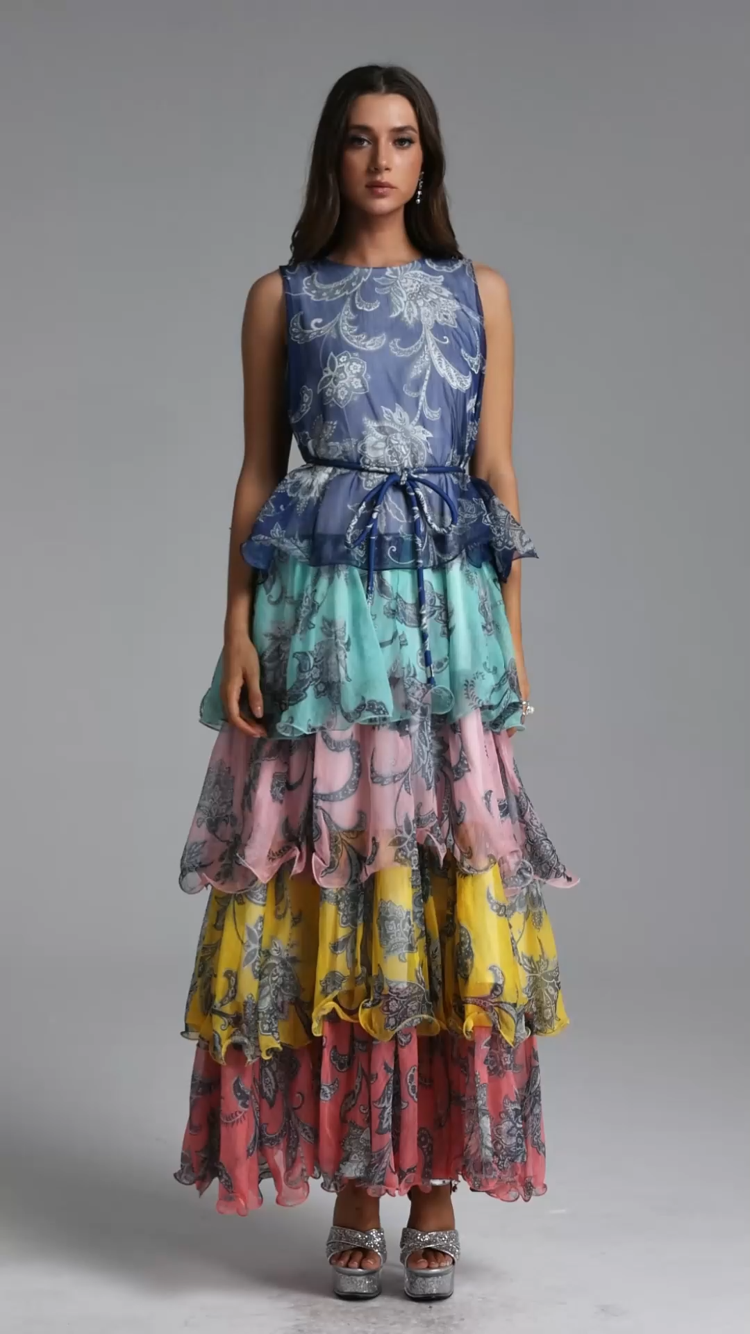 Lacy Elegant Flowy Sleeveless Tiered Ruffle Floral Print Maxi Dress