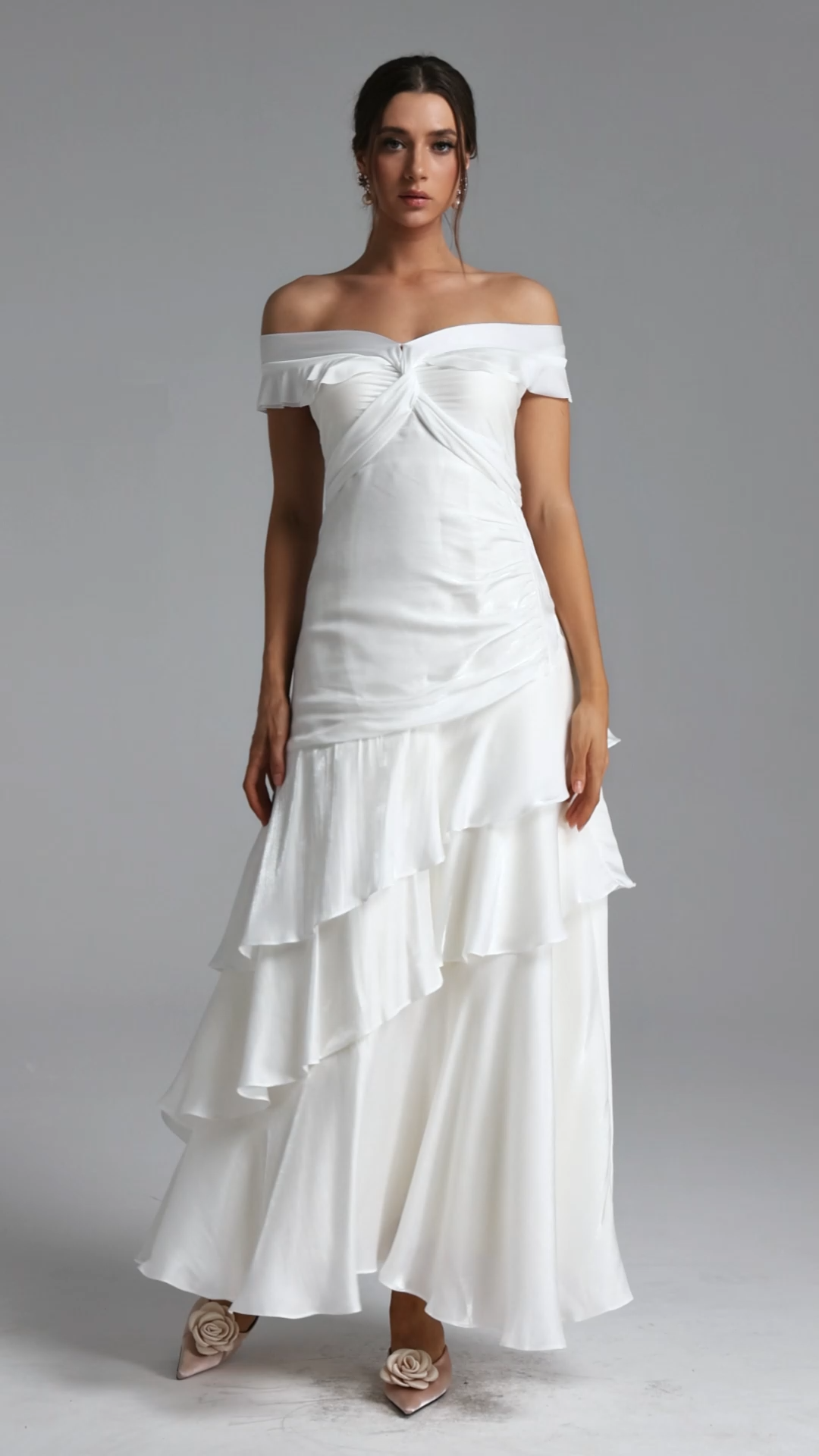 Tereza Elegant Contour Off Shoulder Twist Tiered Ruffle Maxi Dress