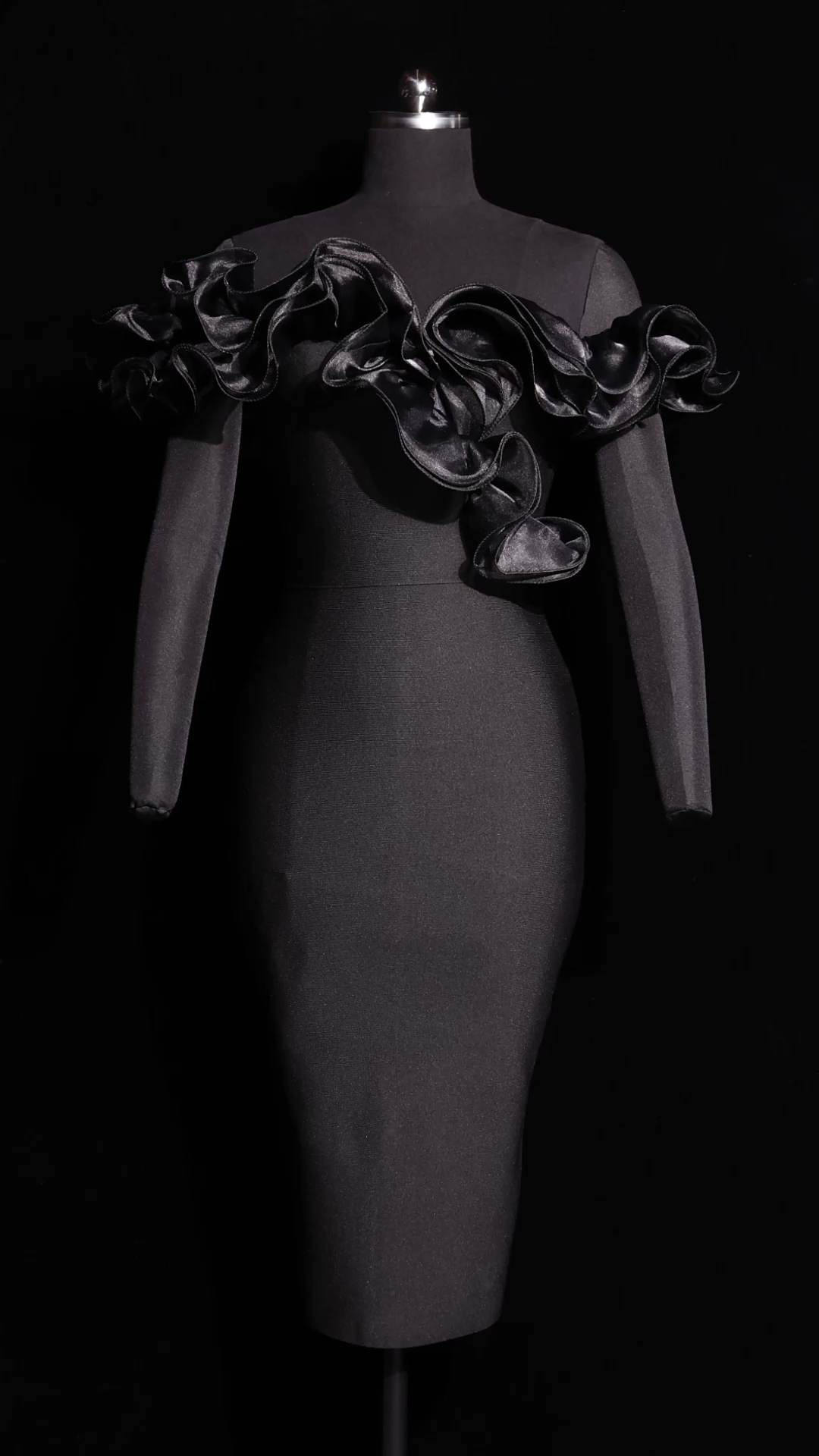 Leanna Off-The-Shoulder Flounce Bandage Midi Dress