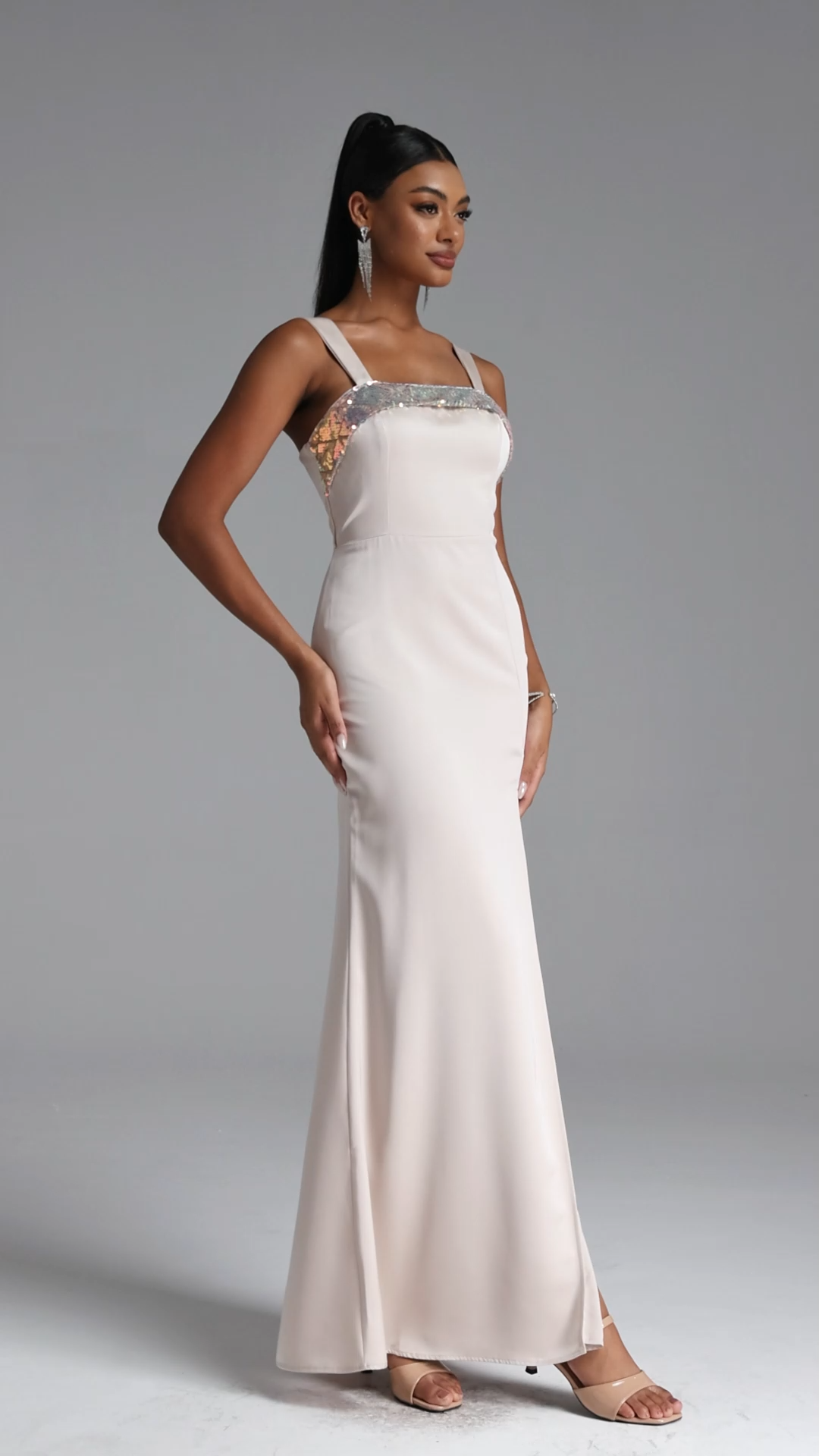 Mattey Classic Tailored Square Neck High Slit Woven Maxi Dress