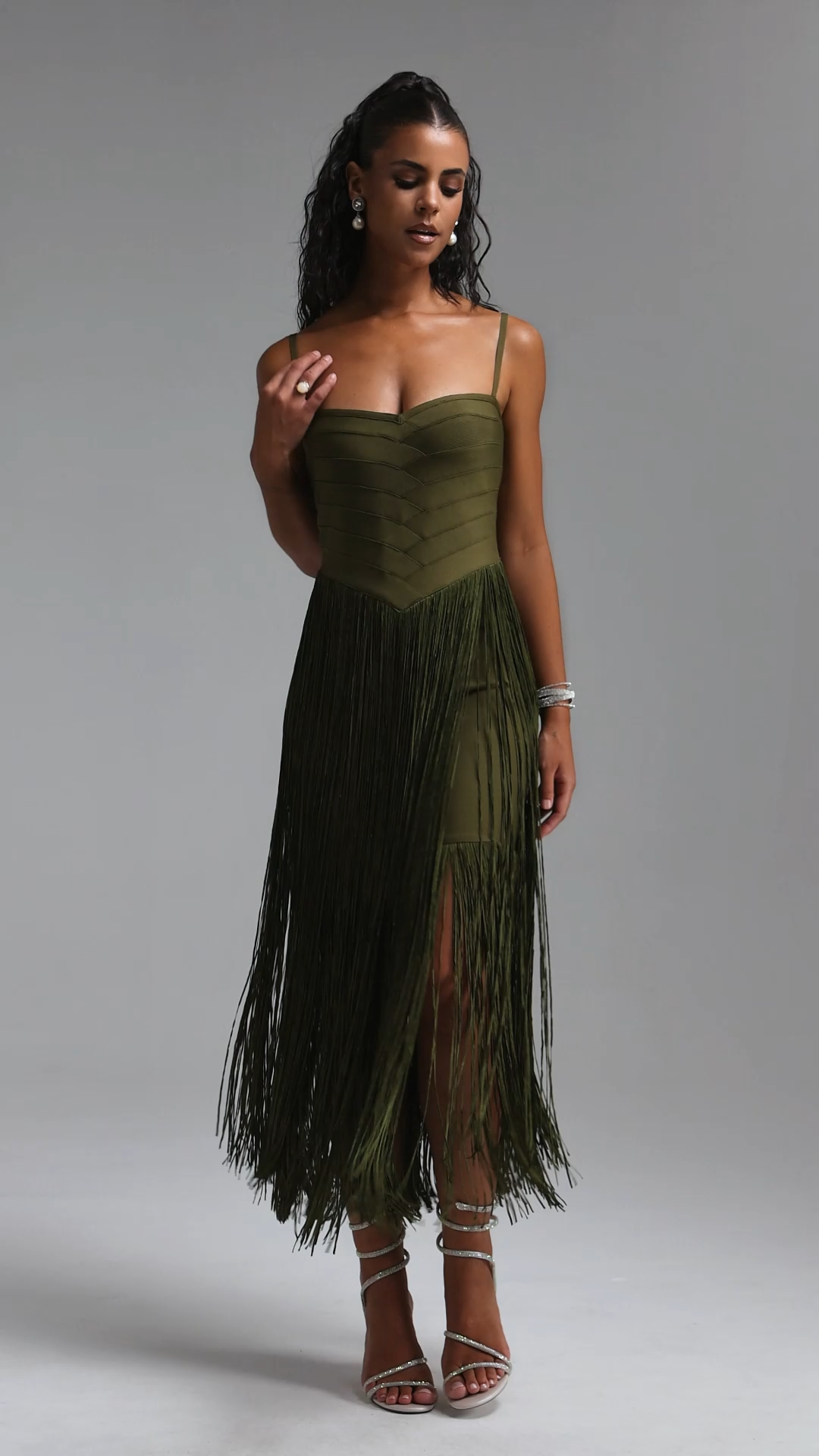 Vallea Classic Spaghetti Strap V Neck Tassel Bandage Maxi Dress