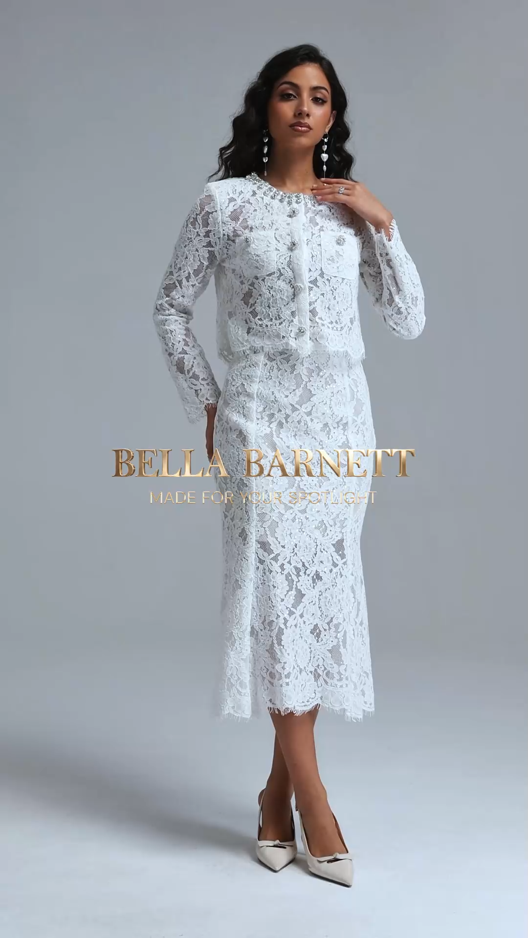 Ralaya Romantic Round Neck Long Sleeve Rhinestone Sequin Lace Top