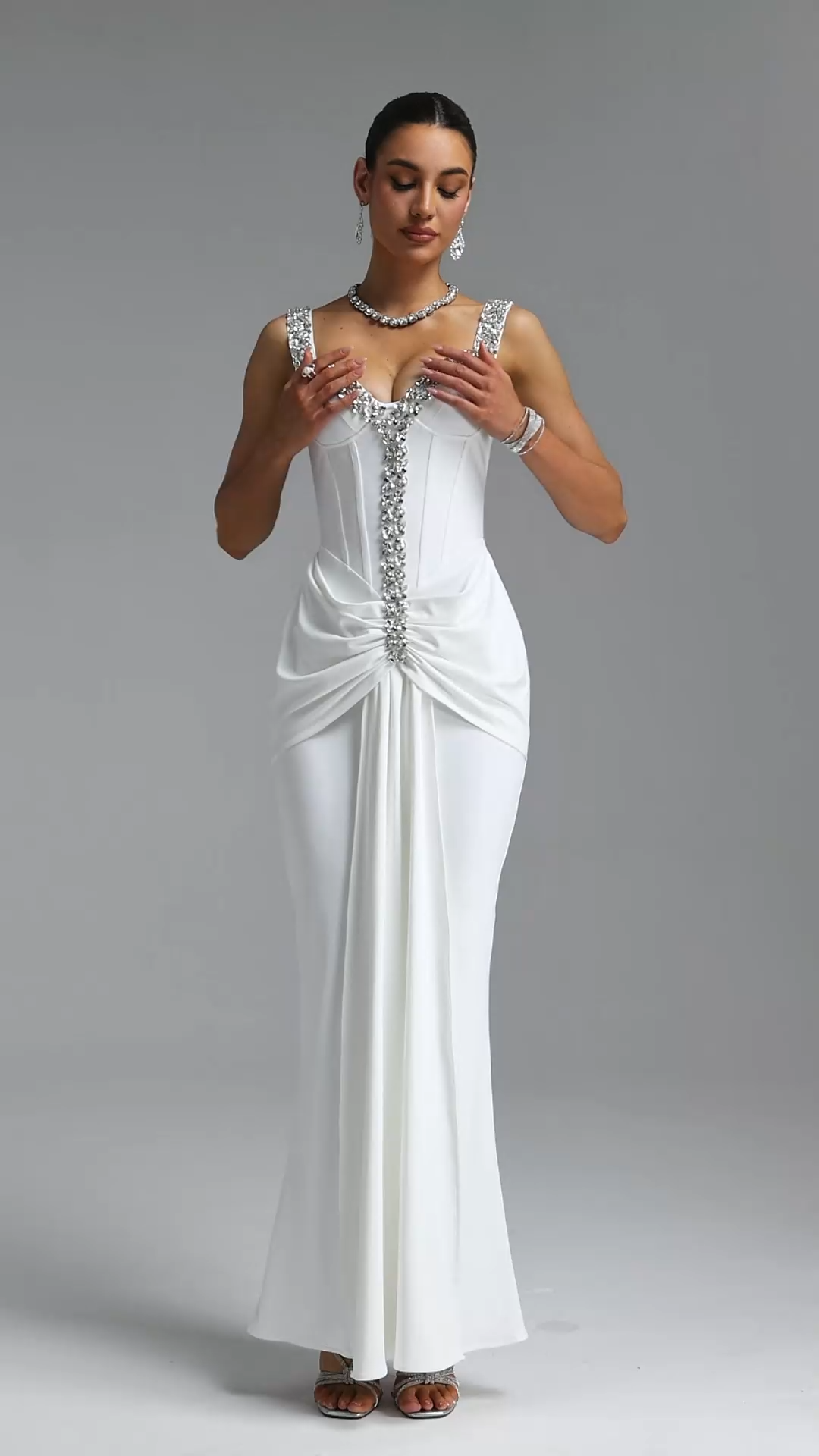 Ethel Elegant Slim Off Shoulder Boned Fitted Rhinestone Twisted Ruched Mermaid Maxi Wedding Dress