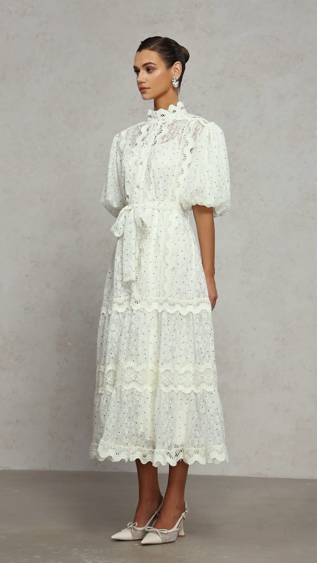 Fennel Resort Flowy Long Sleeve Polka Dot Printed Lace Maxi Dress