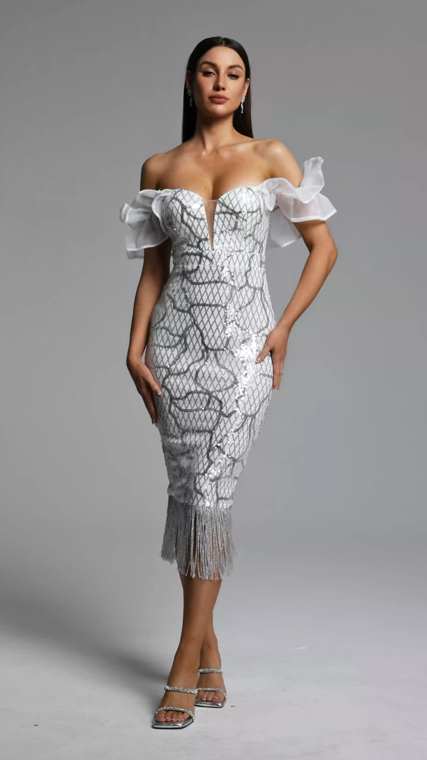 Loyisa Chic Contour Off Shoulder Sequin Fringe Midi Dress