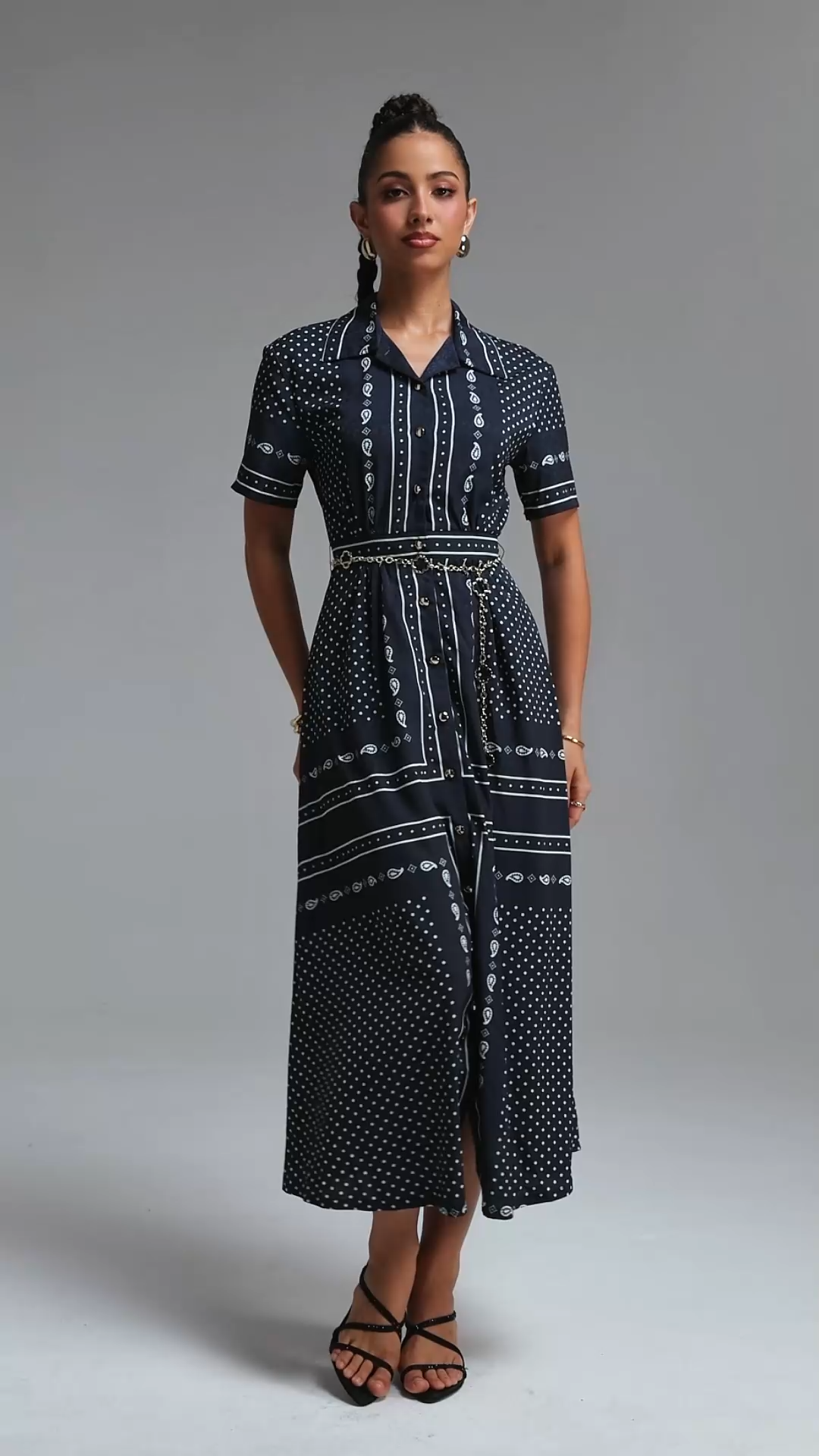 Irene Elegant Tailored Paisley Print Short Sleeve Woven Maxi Dress