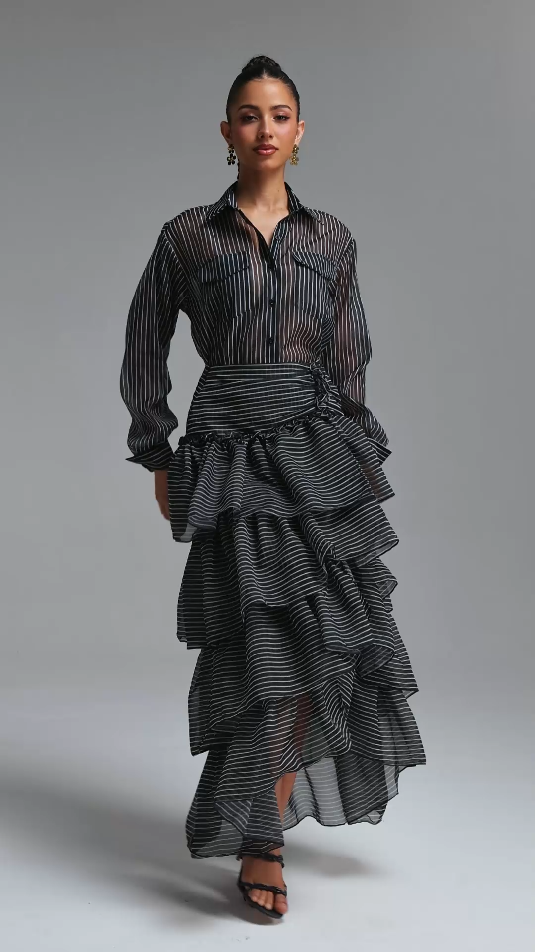 Glenda Chic Tailored Long Sleeve Tiered Ruffle Striped Woven Top and Skirt Two Piece Set