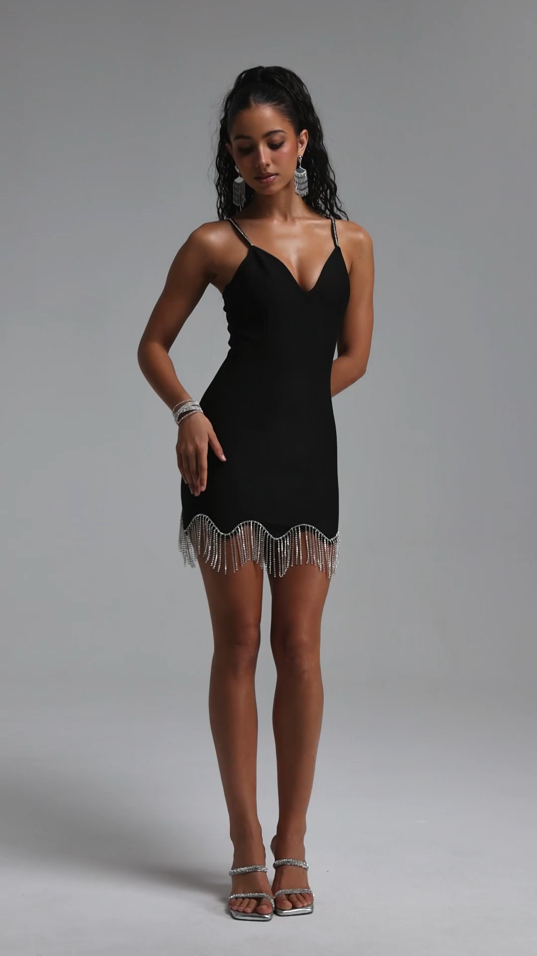 Samiya Chic Contour Spaghetti Strap Sweetheart Neck Rhinestone Fringe Bandage Mini Dress