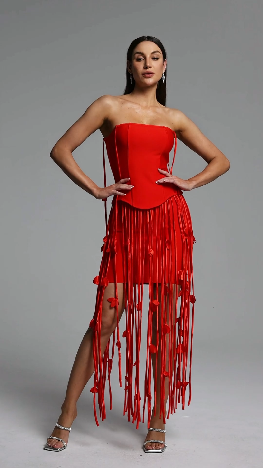 Quanha Romantic Contour Strapless Fringe Bandage Midi Dress