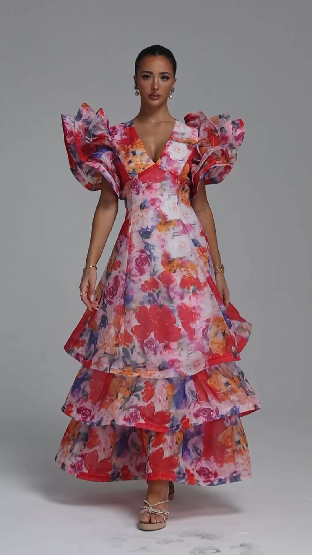 Wenie Printed V-Neck Folds Layered Maxi Dress