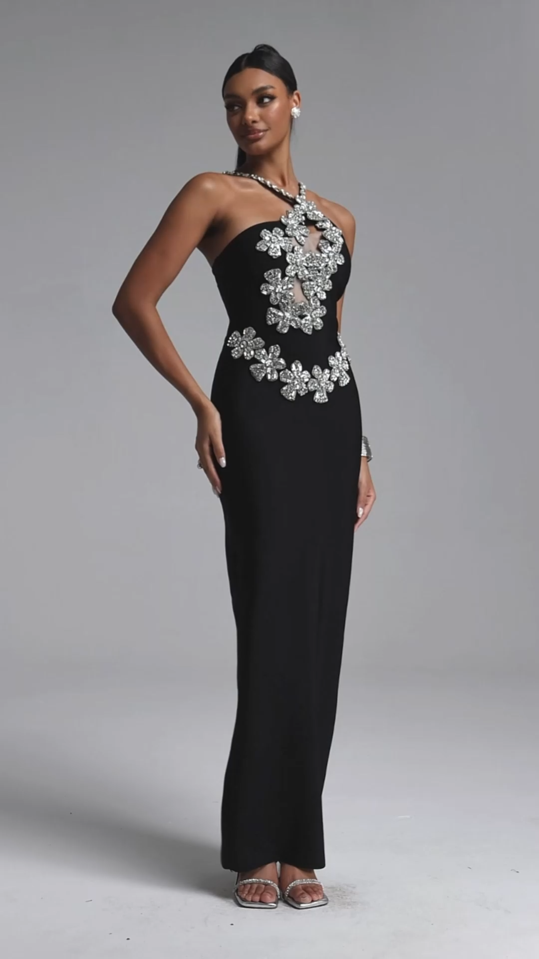 Veronic Glamorous Contour Halter Cut Out Rhinestone Floral Black Bandage Maxi Dress