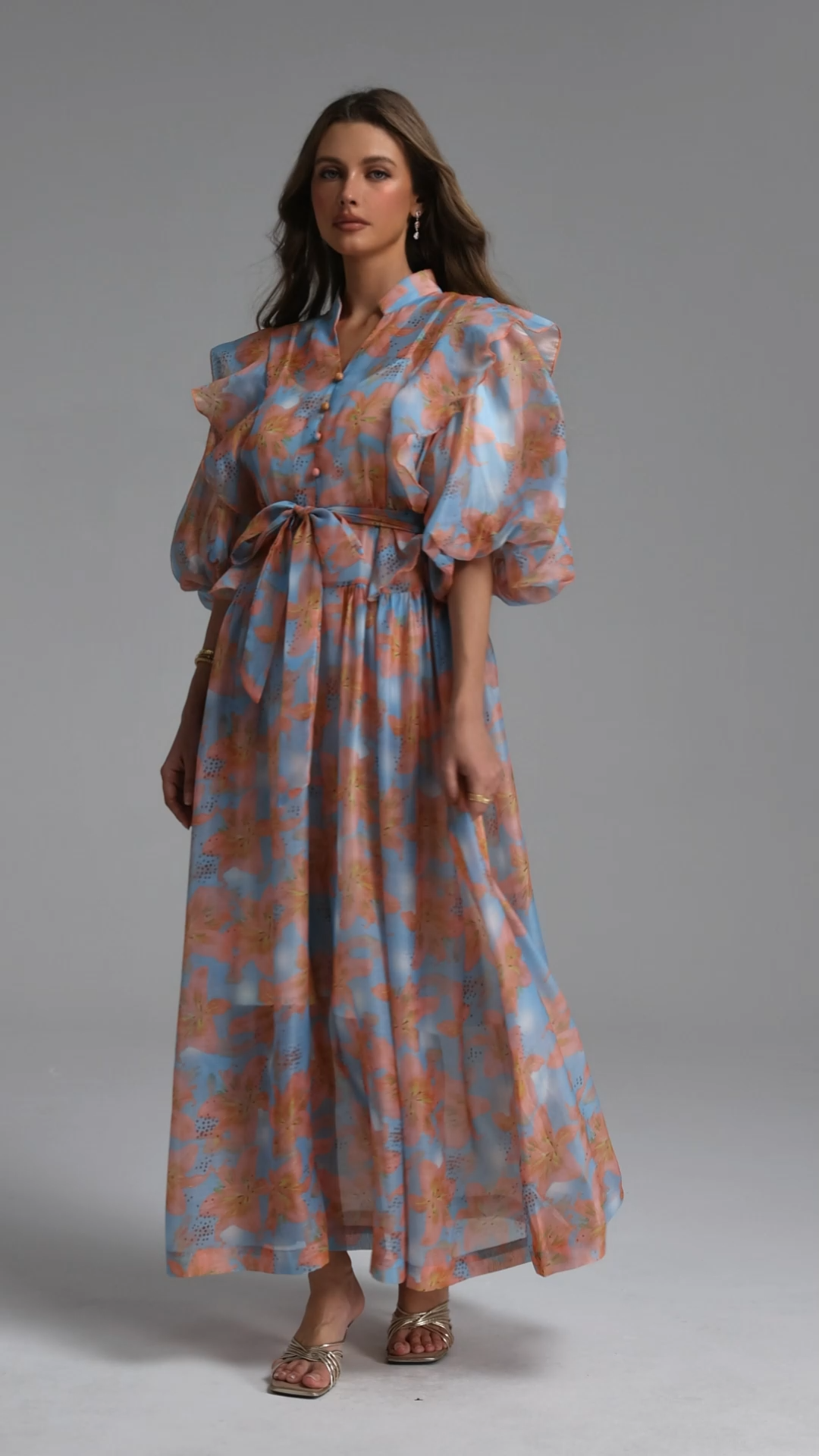 Vandra Resort Flowy Puff Sleeve Floral Print Organza Maxi Dress