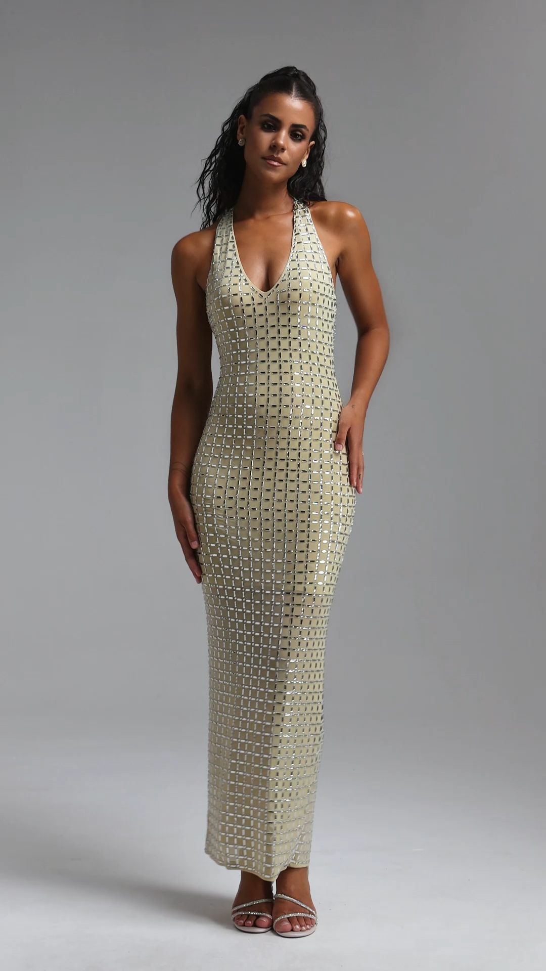 Keeli Fitted Halter V Neck Rhinestone Bodycon Maxi Dress