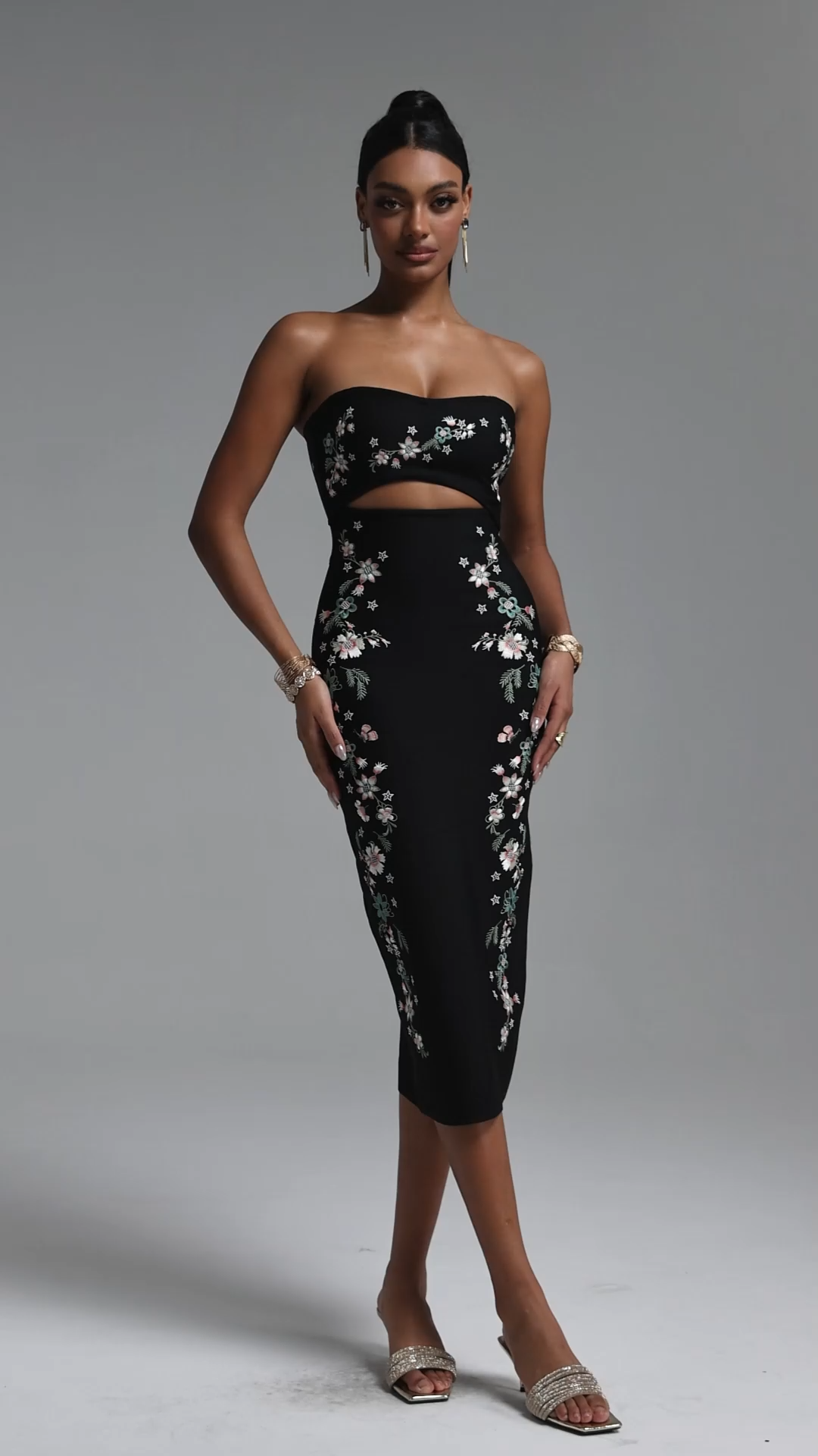 Linka Elegant Fitted Strapless Floral Embroidery Cutout Waist Bandage Midi Dress