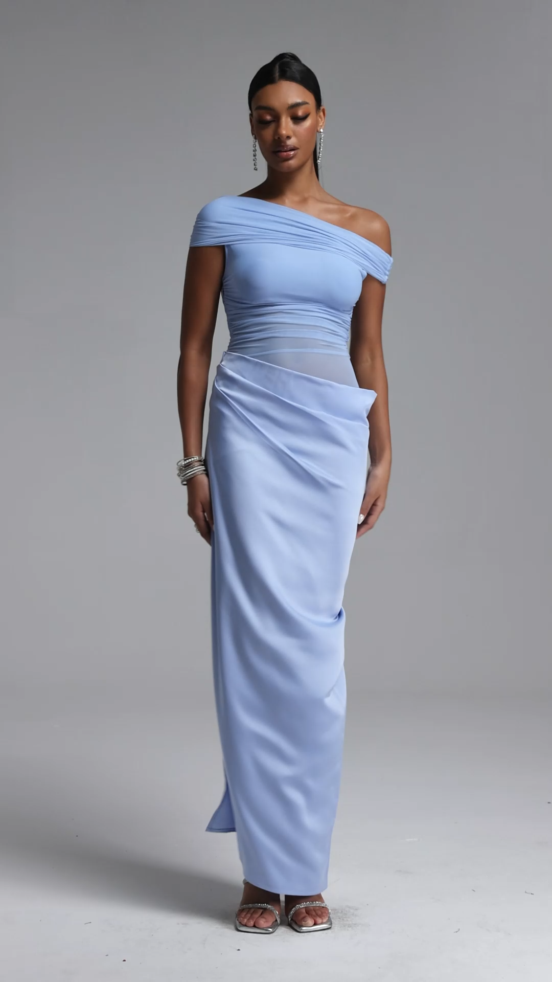 Tillie Elegant Contour Off Shoulder Pleated Sheer Maxi Dress